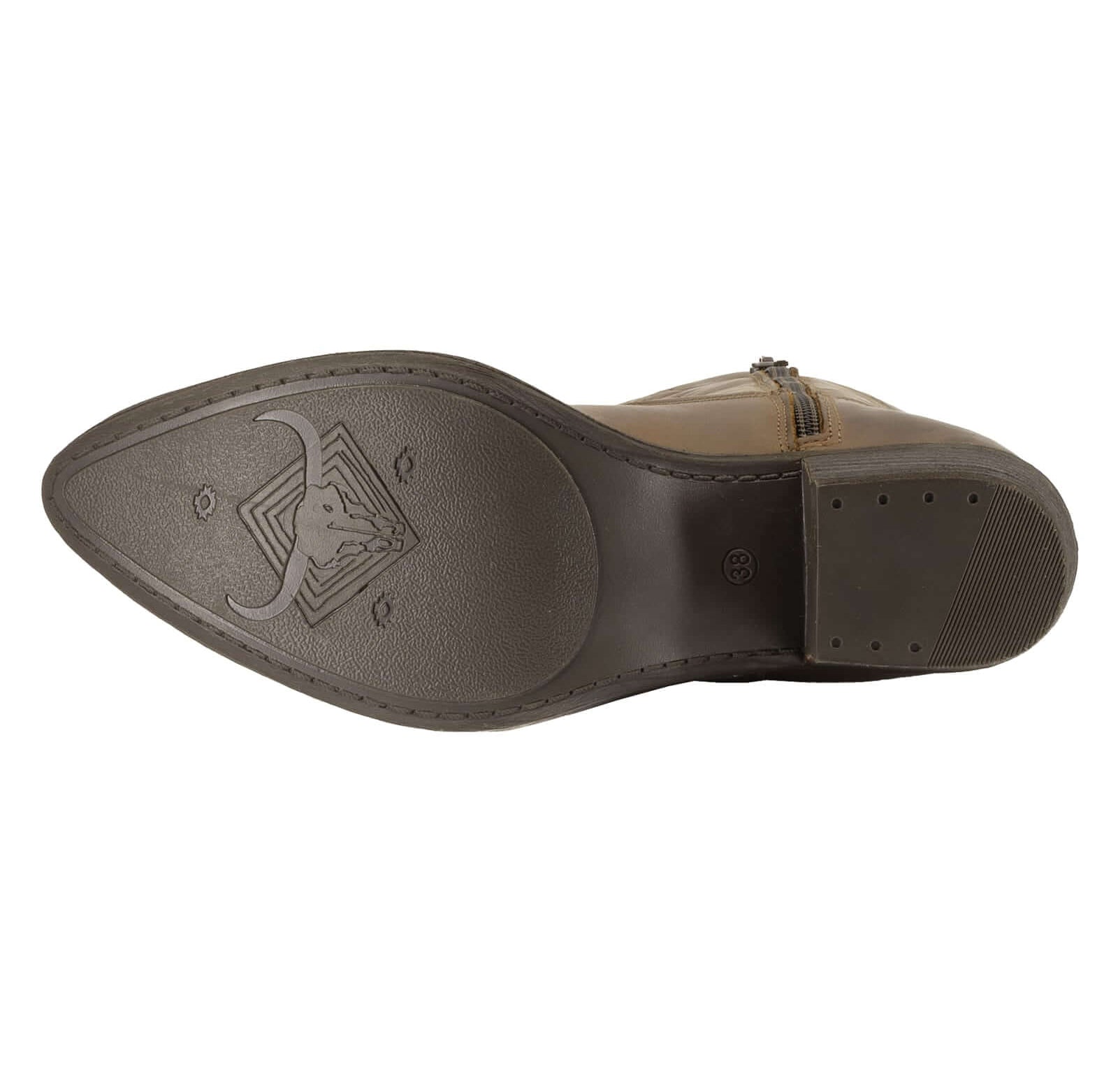 outsole of texan hi cowboy boots in brown showing tread pattern