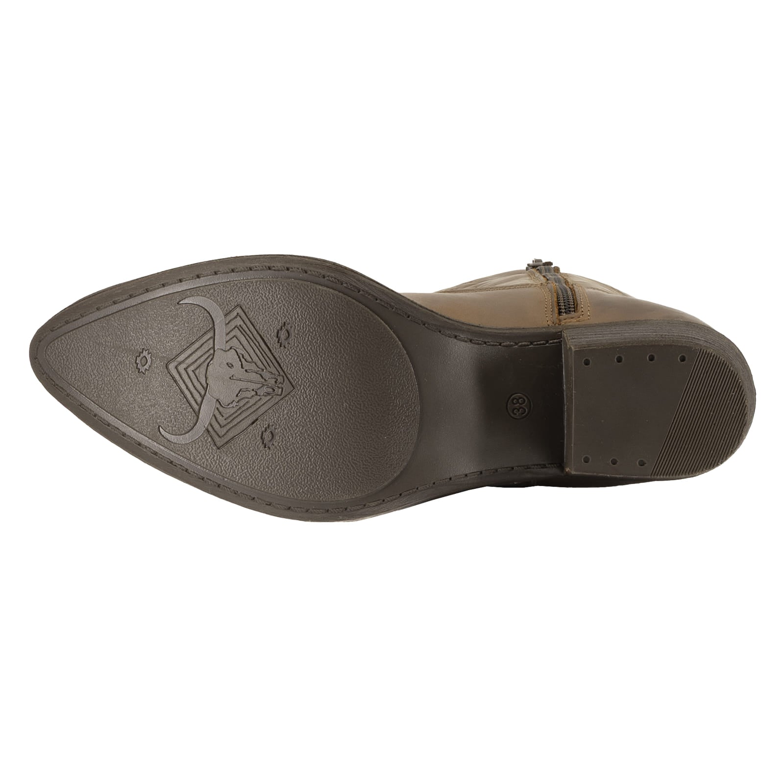 outsole of texan hi cowboy boots in brown showing tread pattern