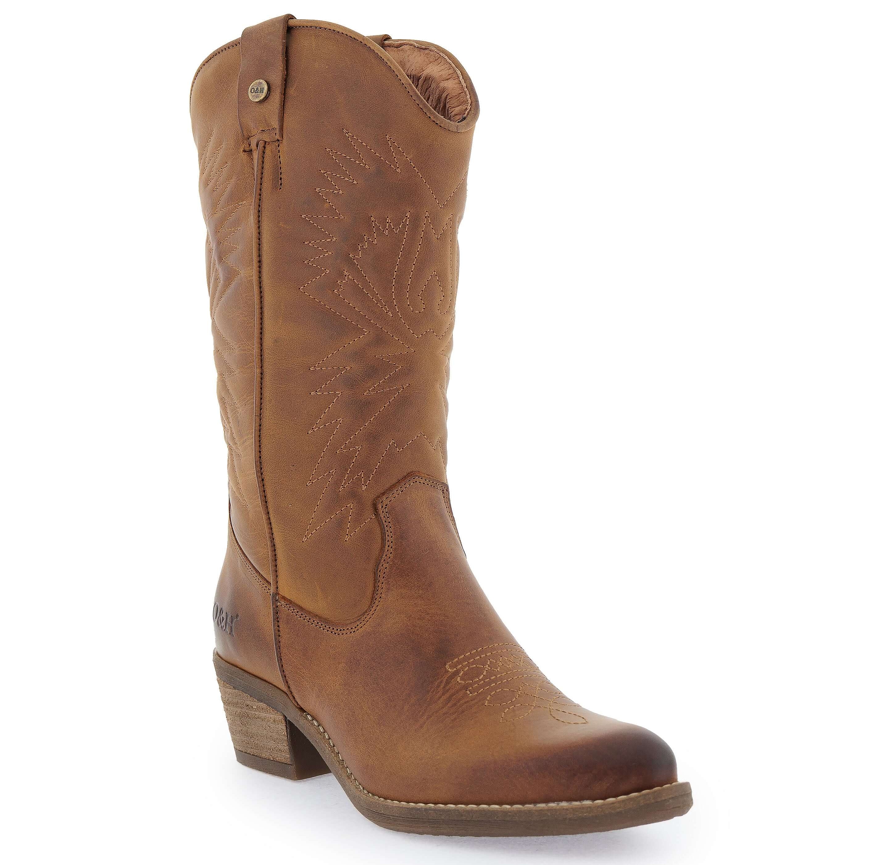 Brown leather cowboy boot with stitched detailing and block heel