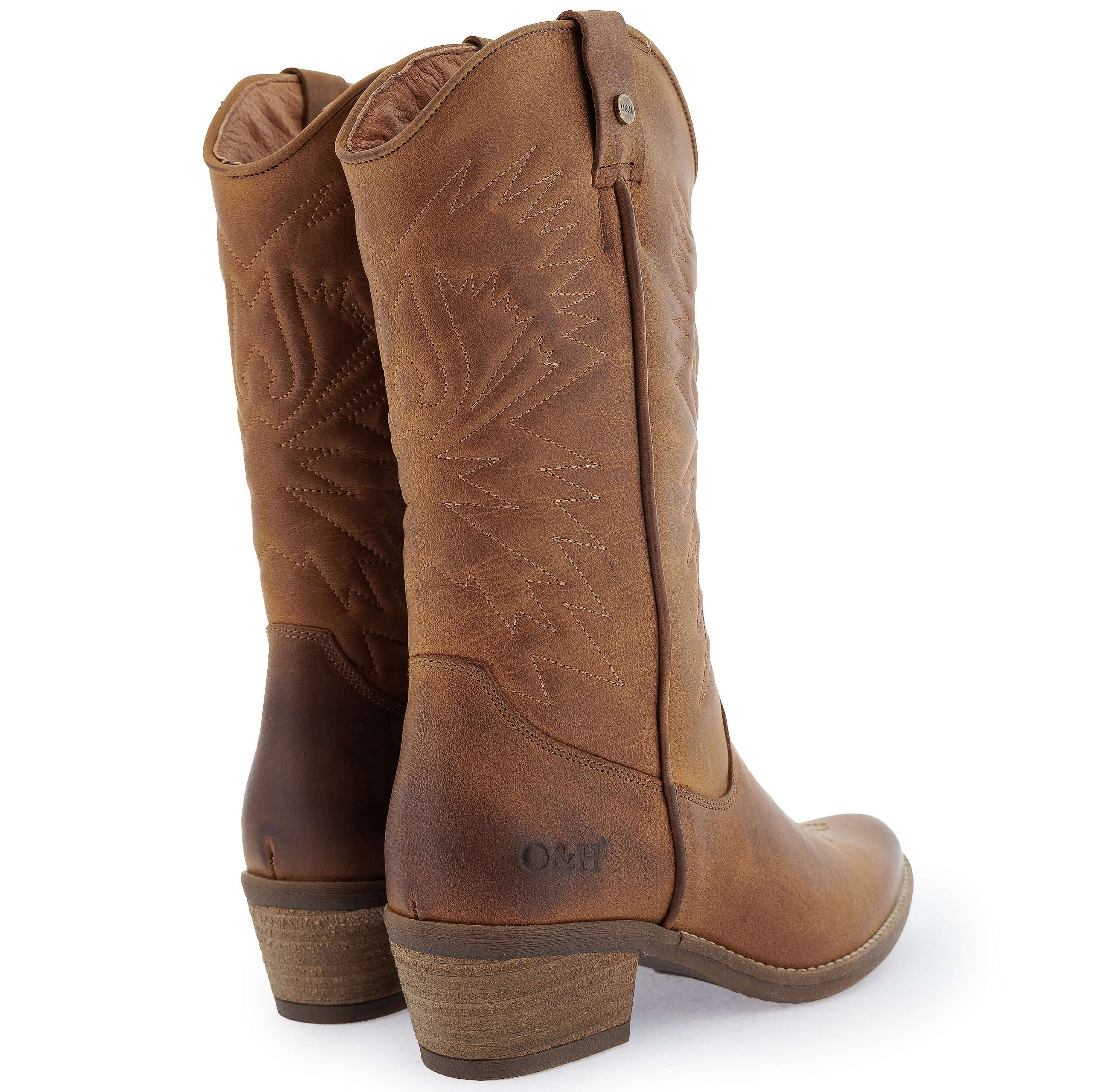 Rear view of brown leather cowboy boots with stitched detailing and block heel