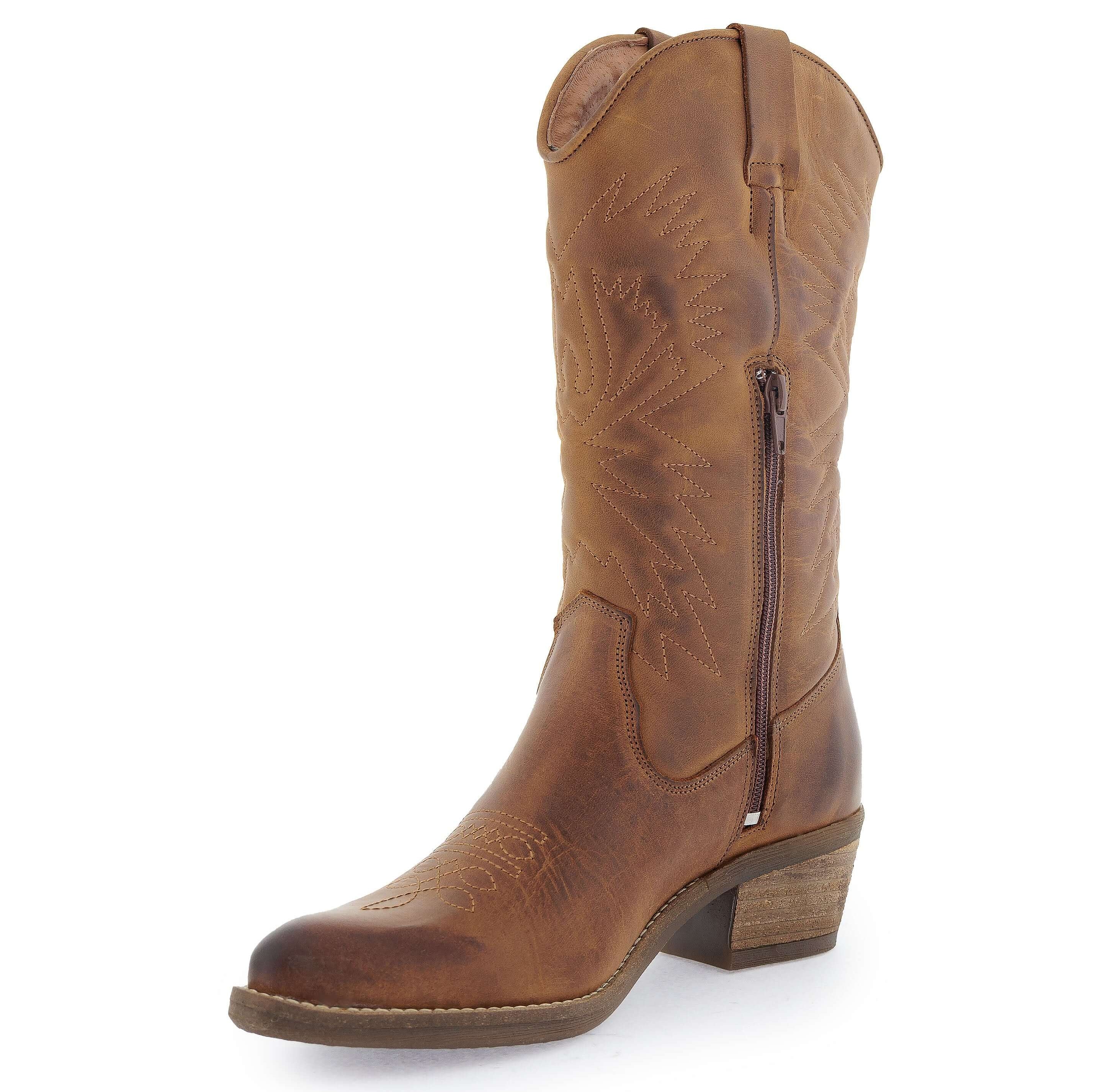 Brown leather cowboy boot with stitched detailing, zip, and block heel