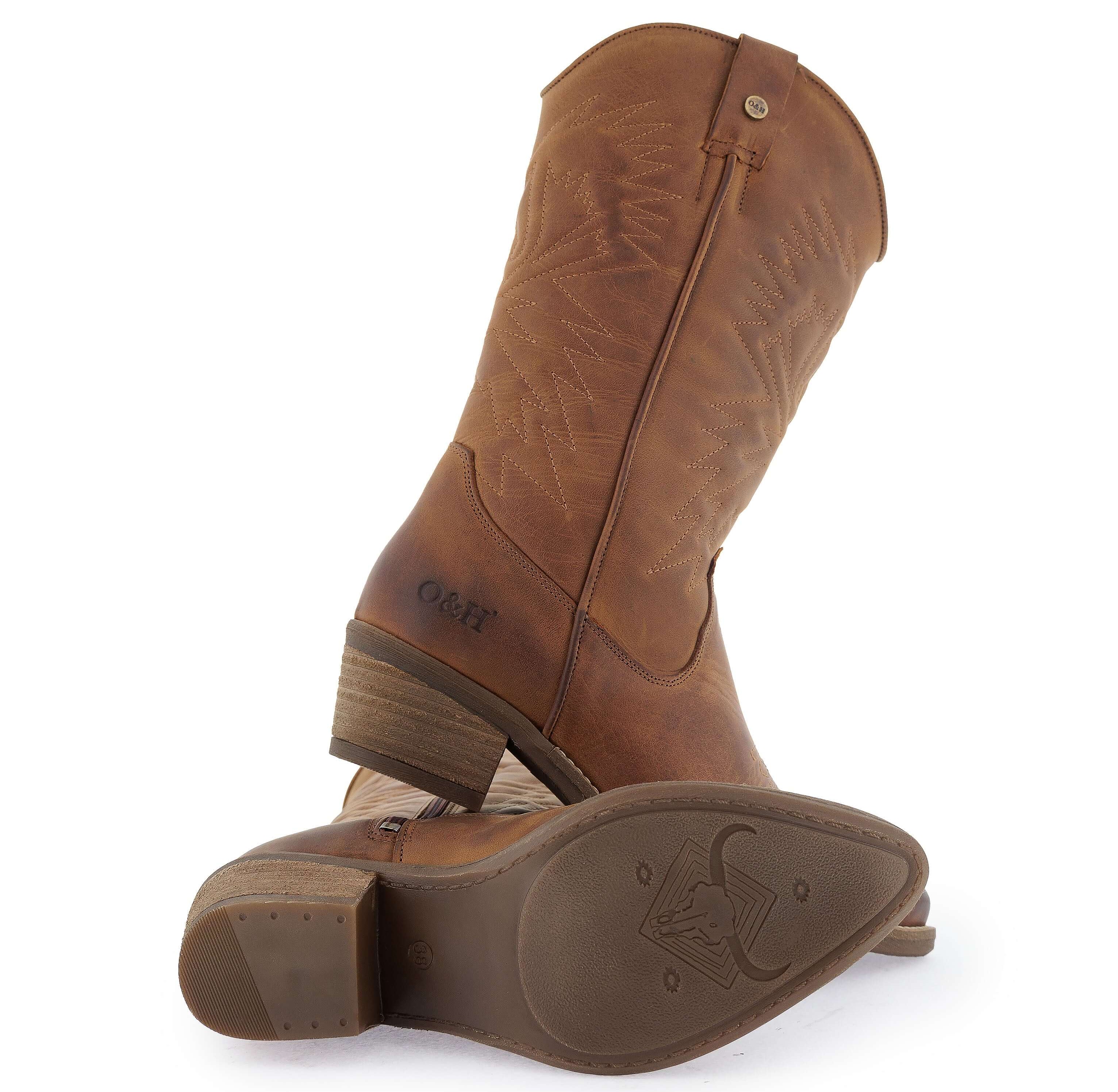 Brown leather cowboy boots showing sole and block heel detail