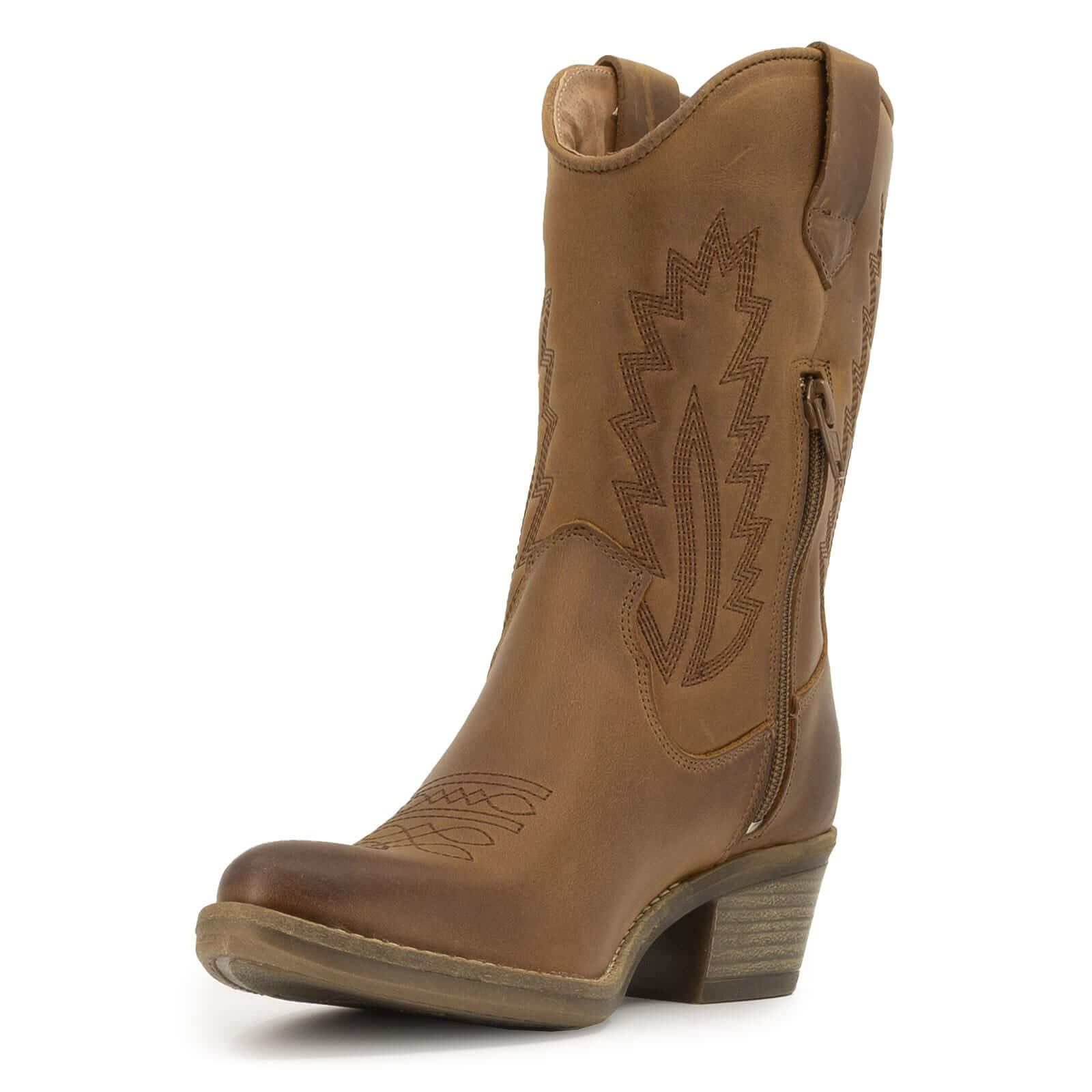 angled view of texan lo cowboy boots showing inside half zip and stitch detail