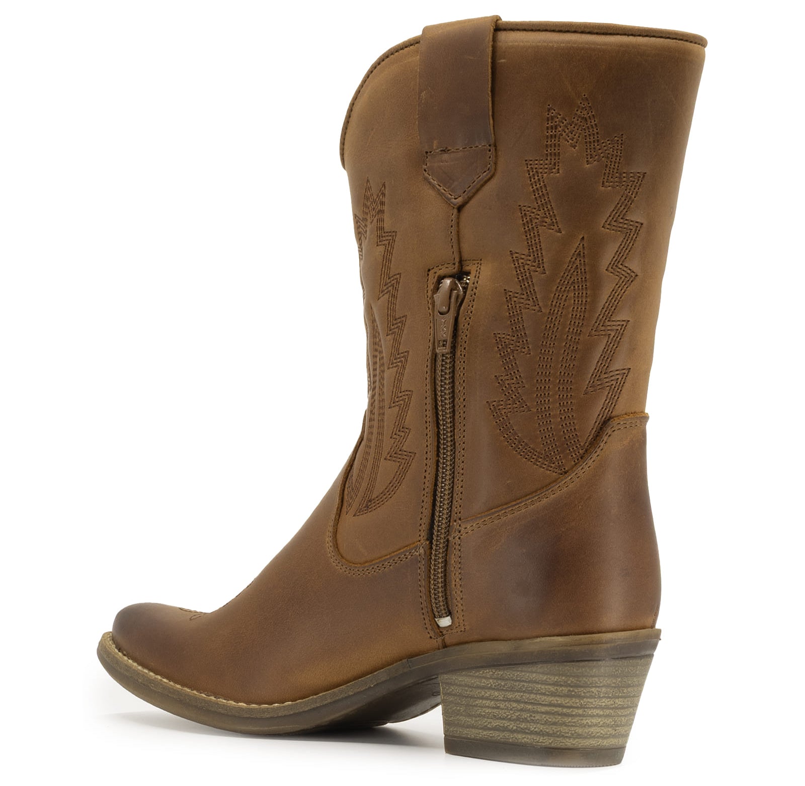 full inside view of texan lo cowboy boots showing half zip entry and block heel