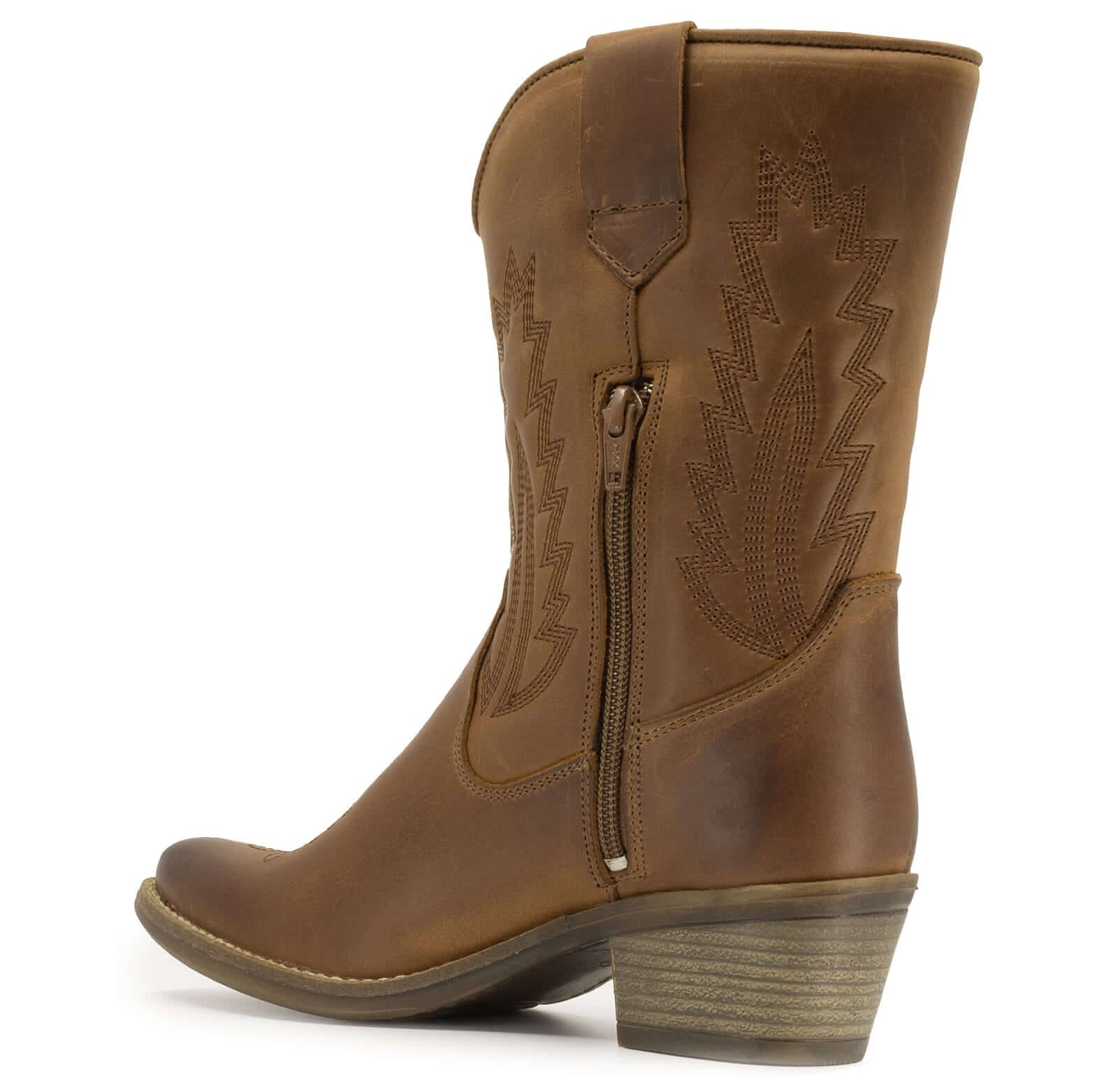 full inside view of texan lo cowboy boots showing half zip entry and block heel