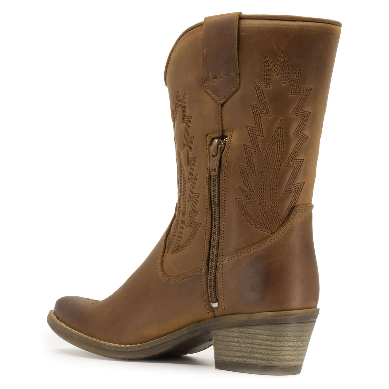 full inside view of texan lo cowboy boots showing half zip entry and block heel