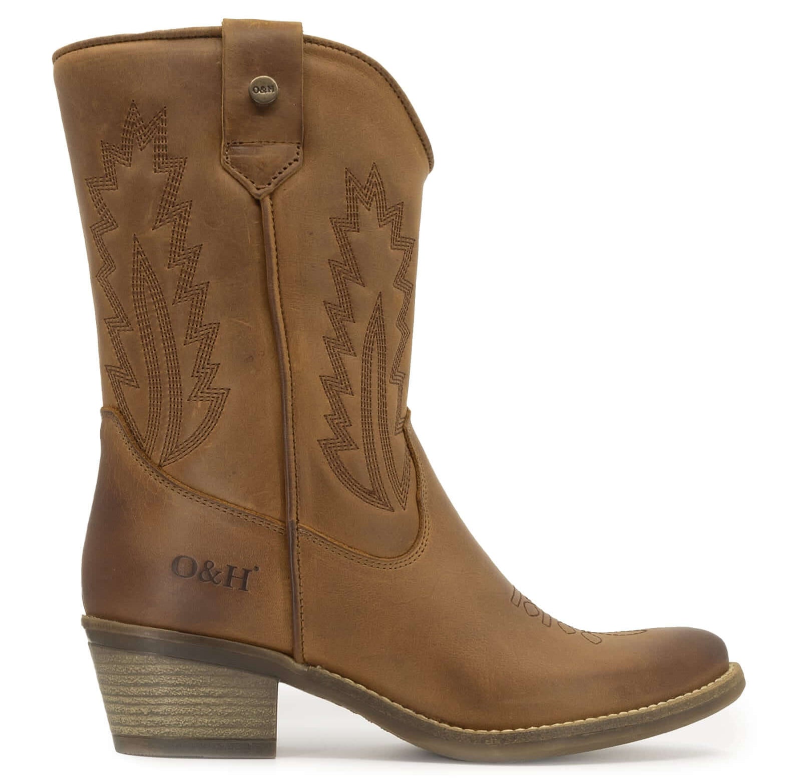side on angle of texan lo cowboy boots in tan showing branding and stitch detail