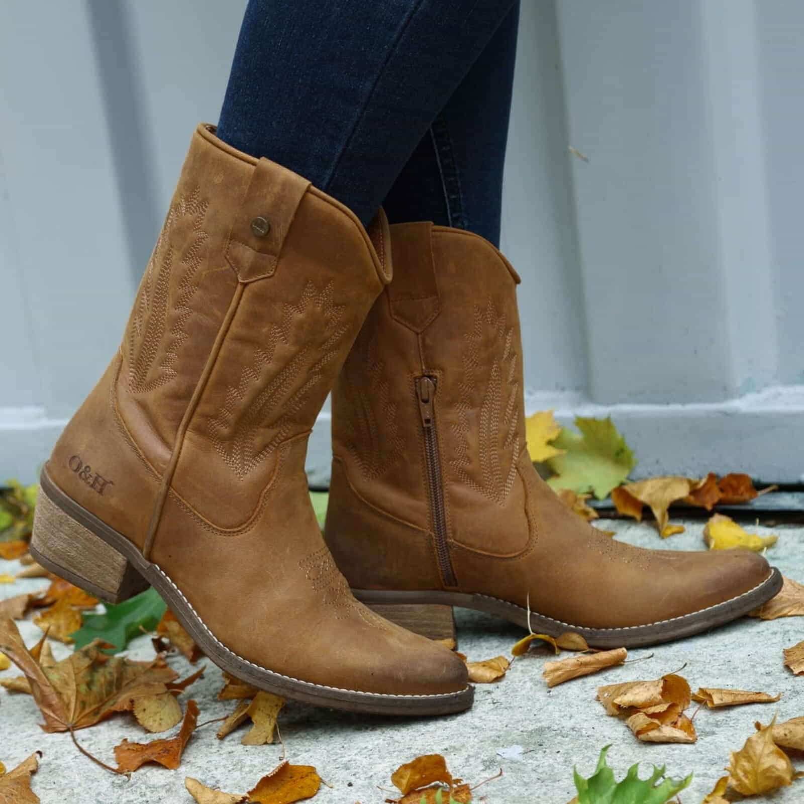 model standing on concrete in leaves wearing texan lo cowboy boots with jeans