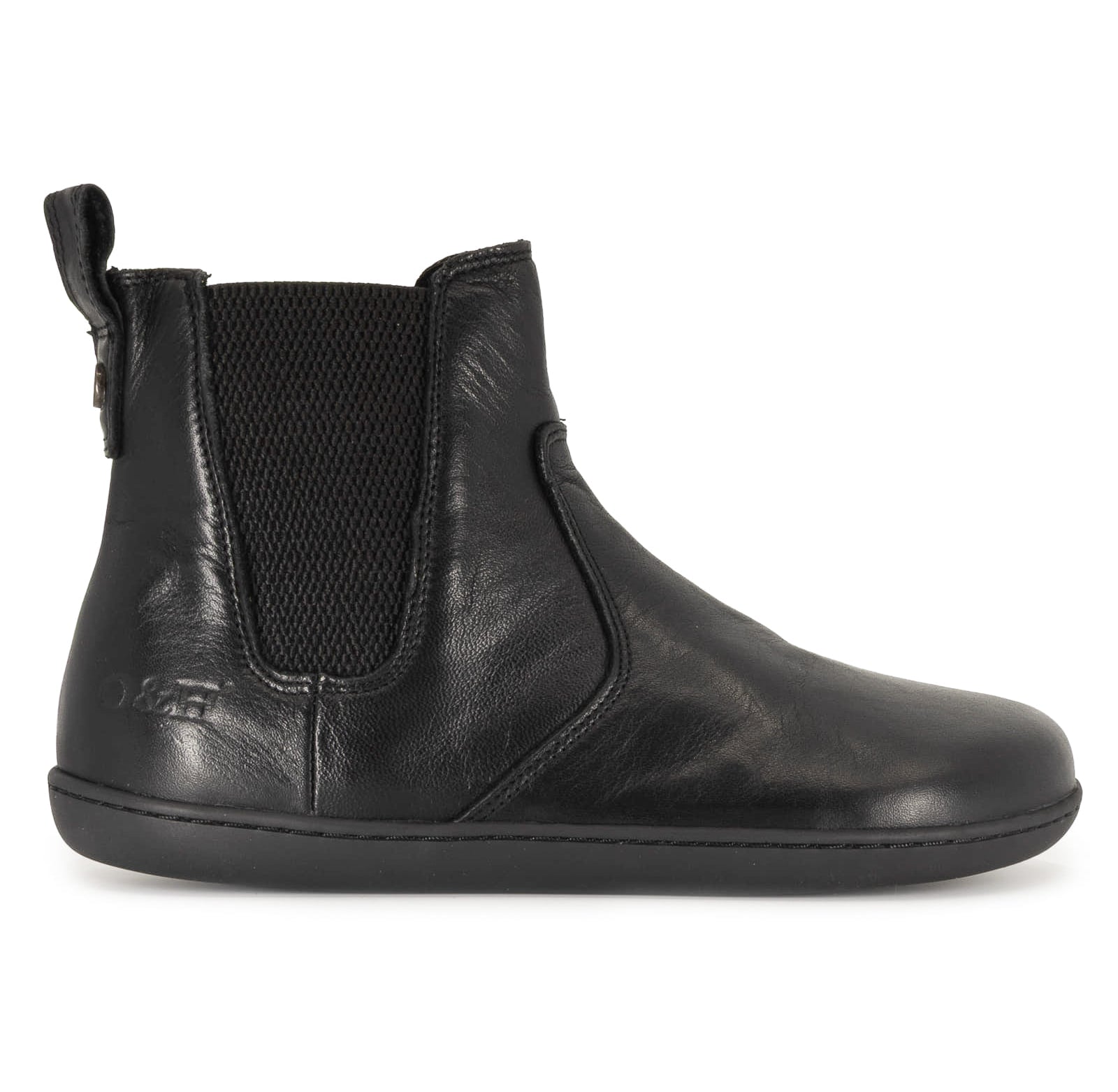 straight on view of black barefoot chelsea boots showing O&H branding on a white background