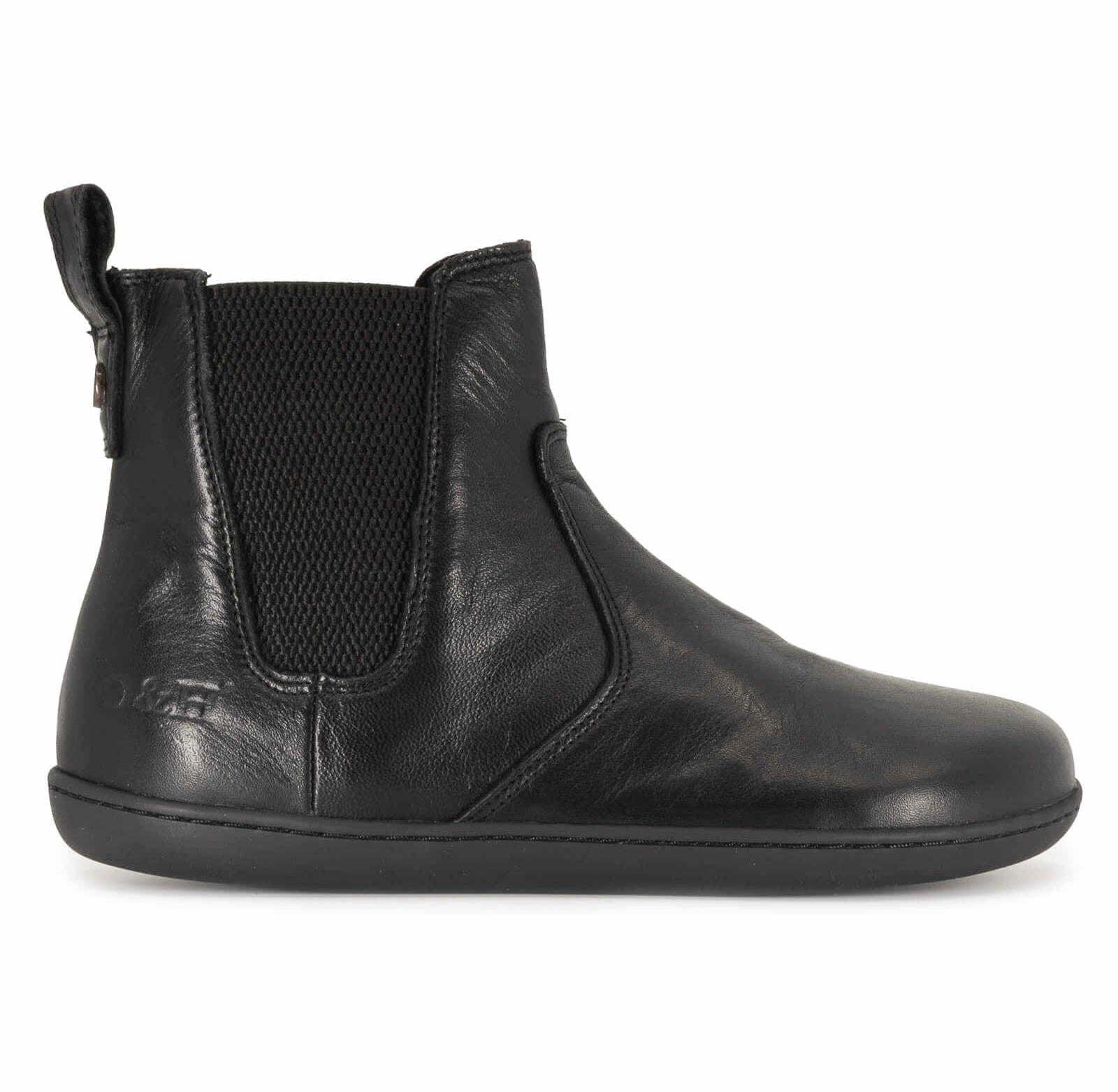 straight on view of black barefoot chelsea boots showing O&H branding on a white background