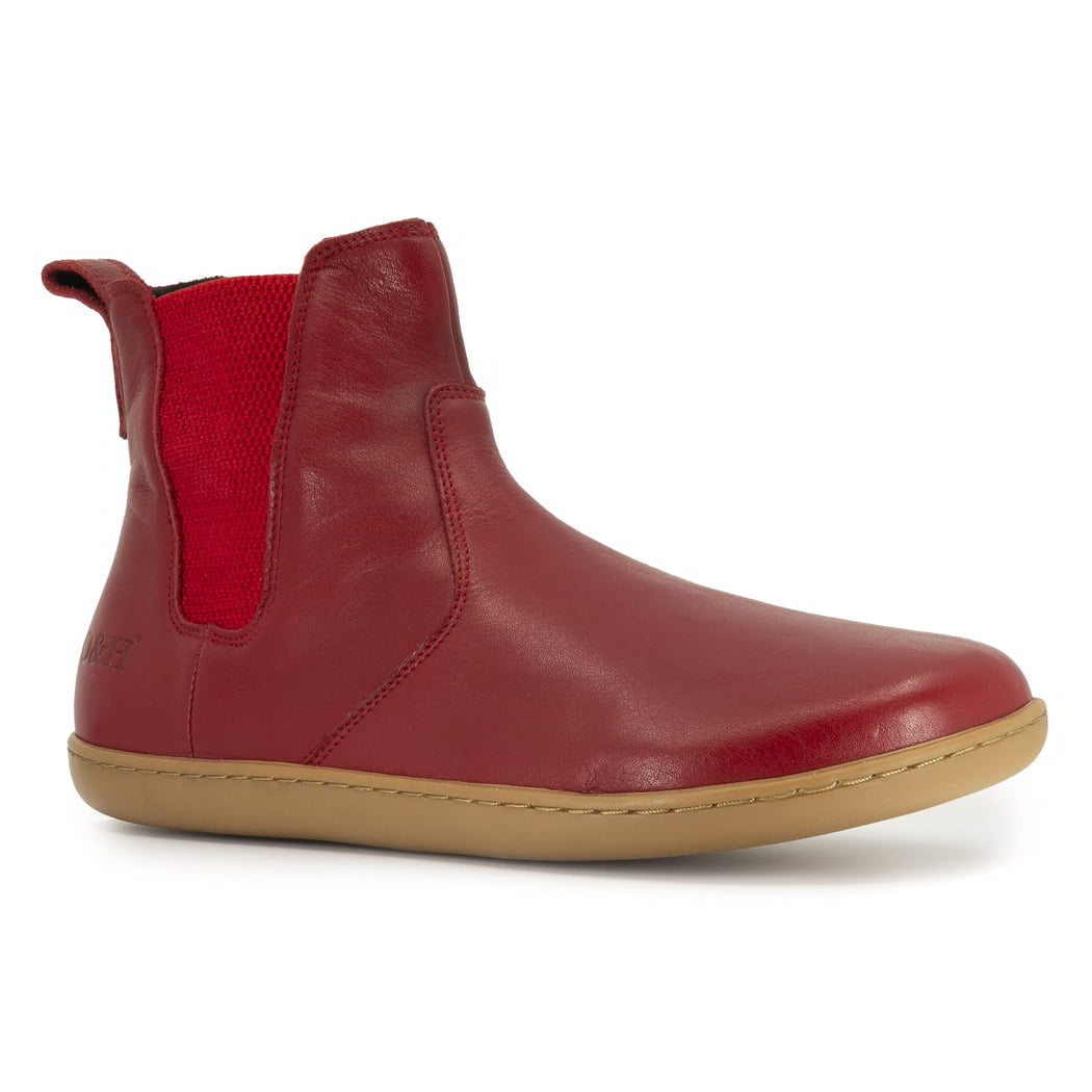 side angled view of willow 2 red barefoot Chelsea boots showing red leather upper