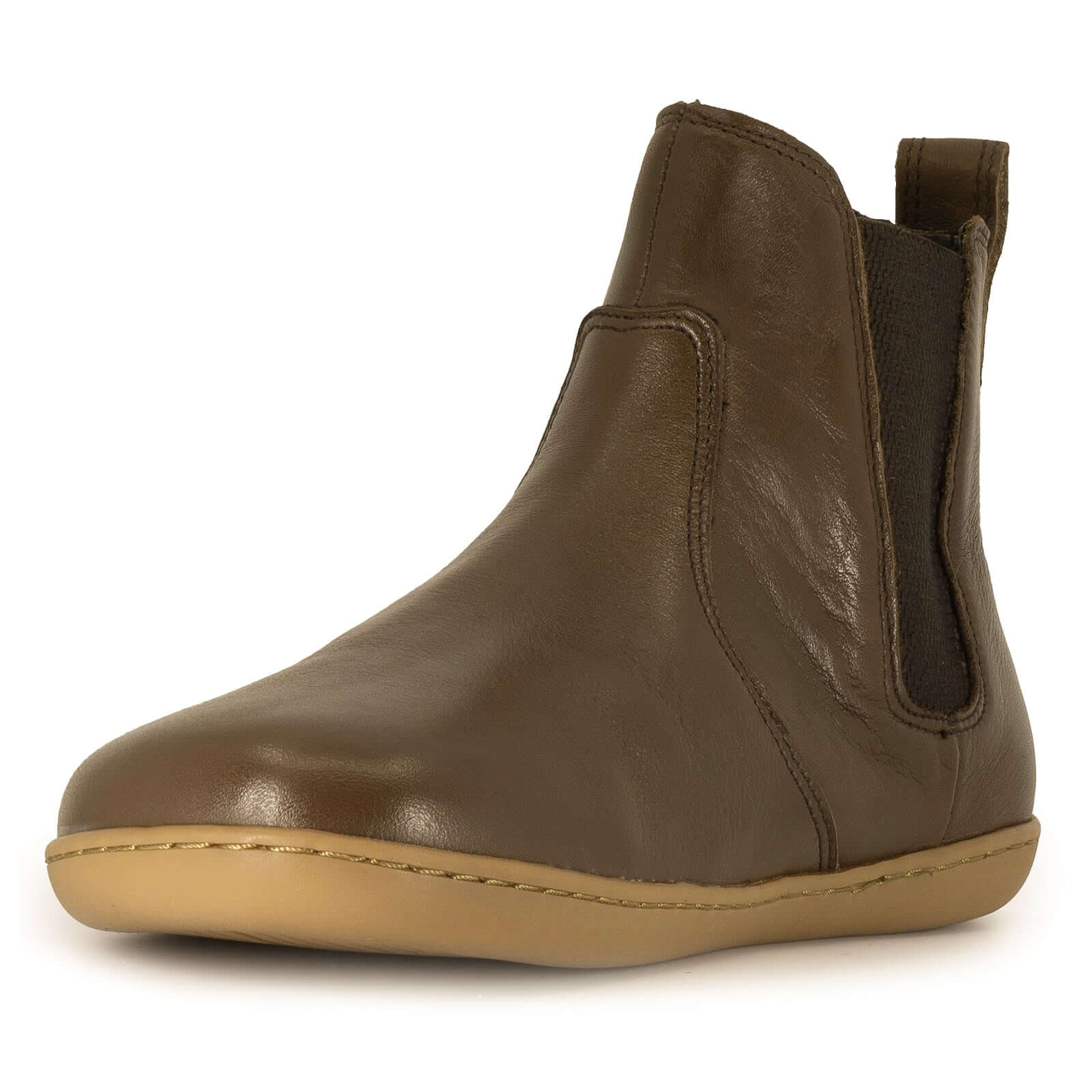 brown barefoot chelsea boot showing the toe on a white background