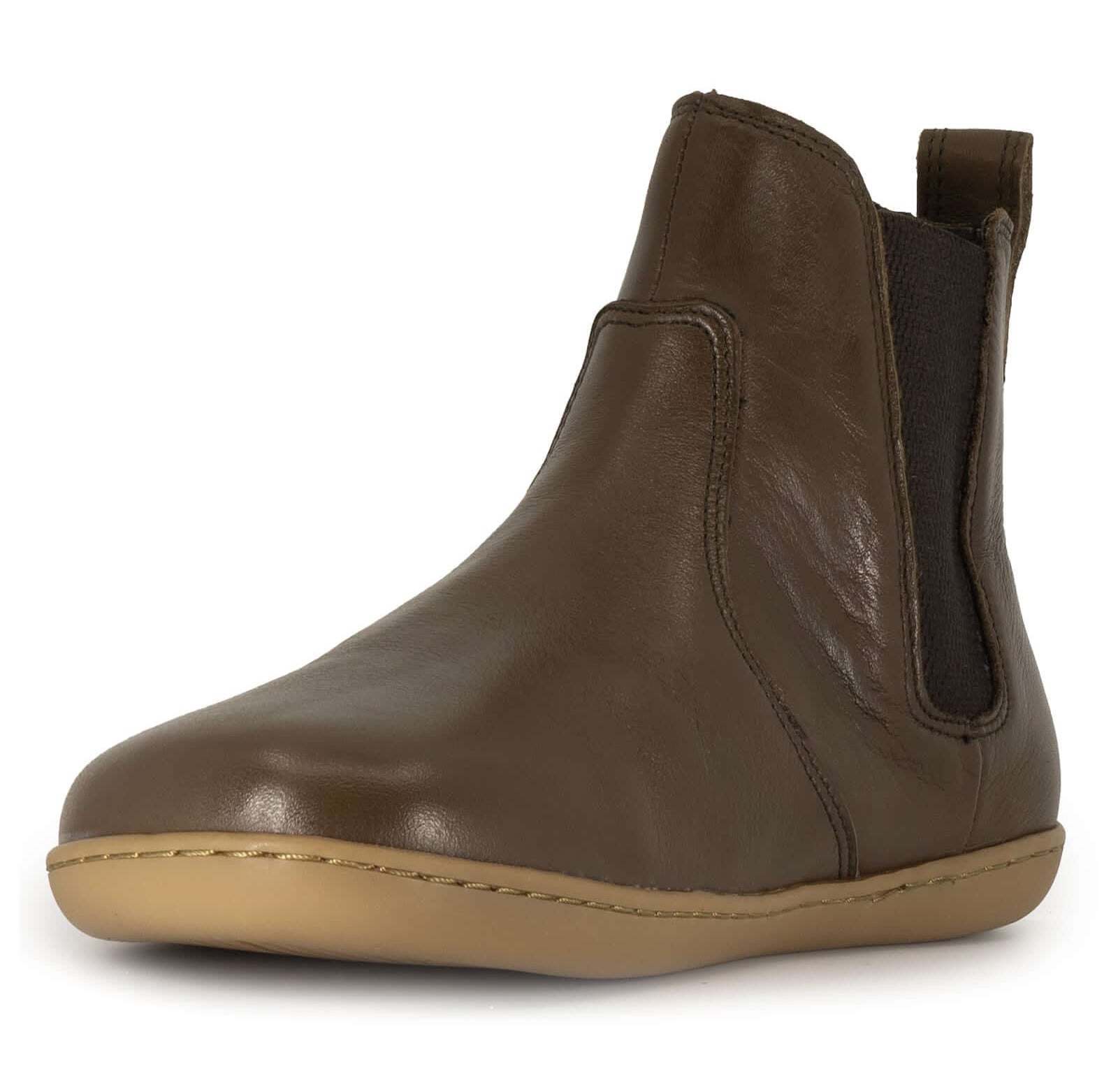 brown barefoot chelsea boot showing the toe on a white background