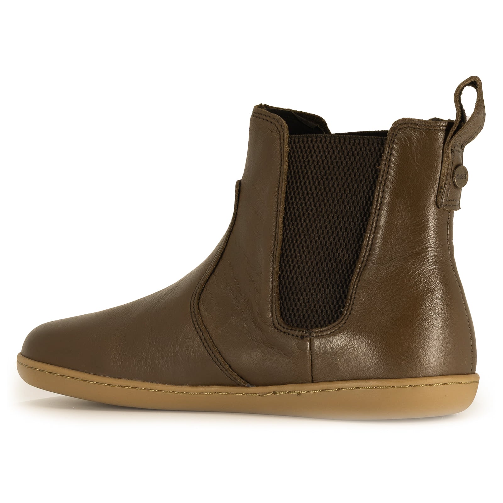 brown barefoot boot with tan outsole showing pull tab details
