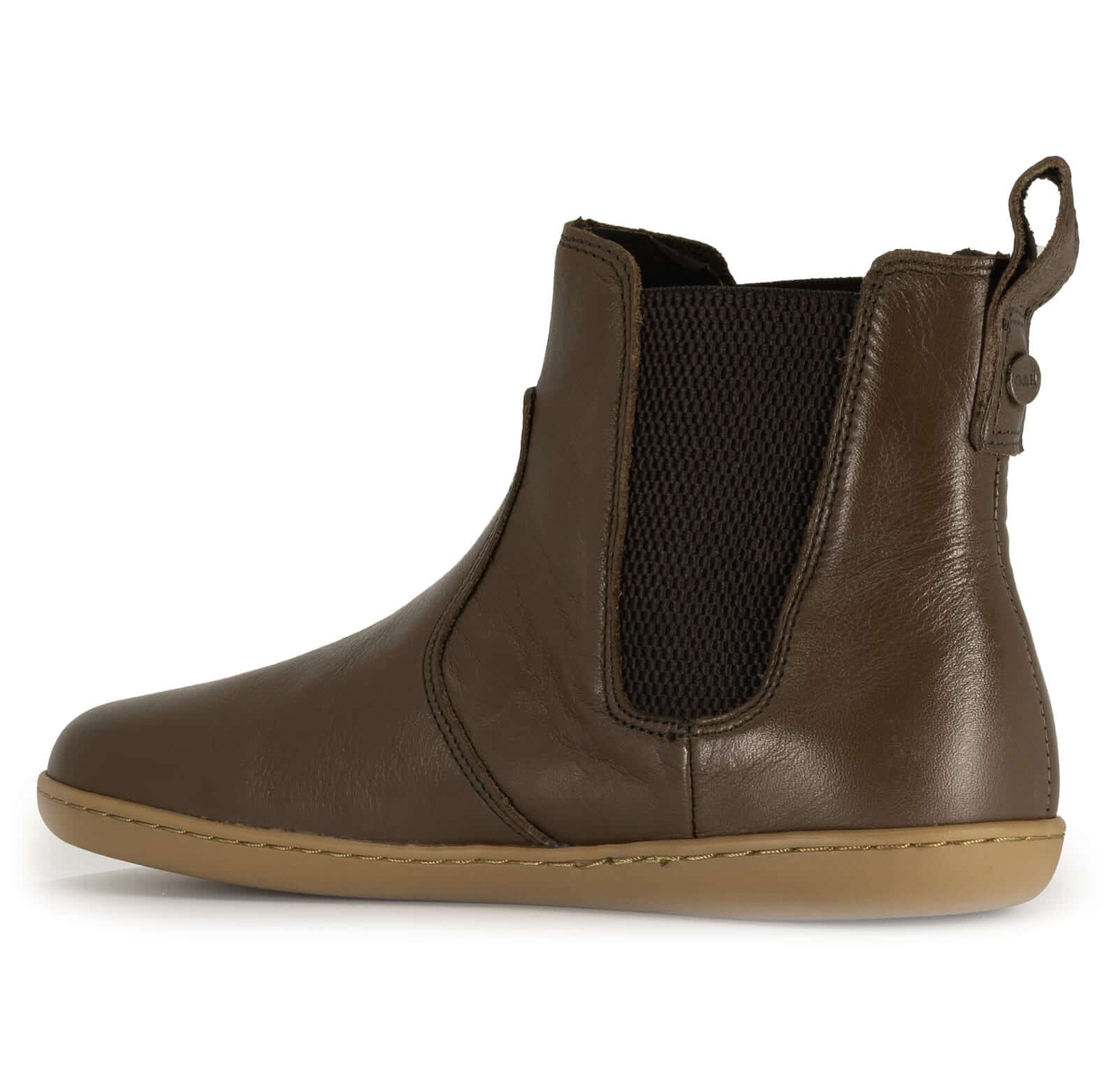 brown barefoot boot with tan outsole showing pull tab details