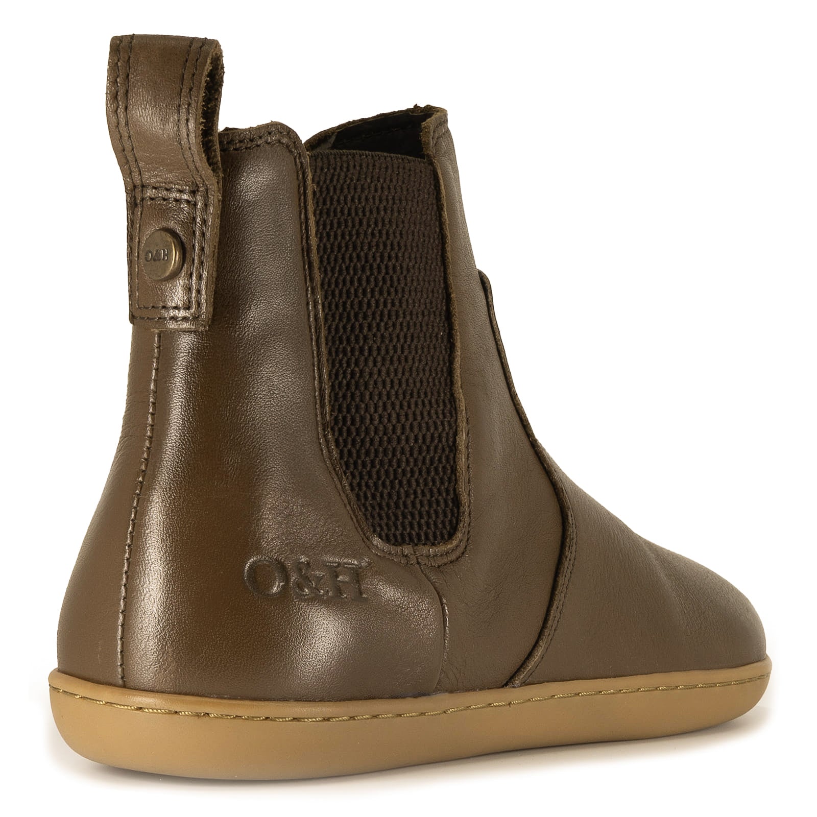 brown barefoot chelsea boot on a white bacground showing O&H branding