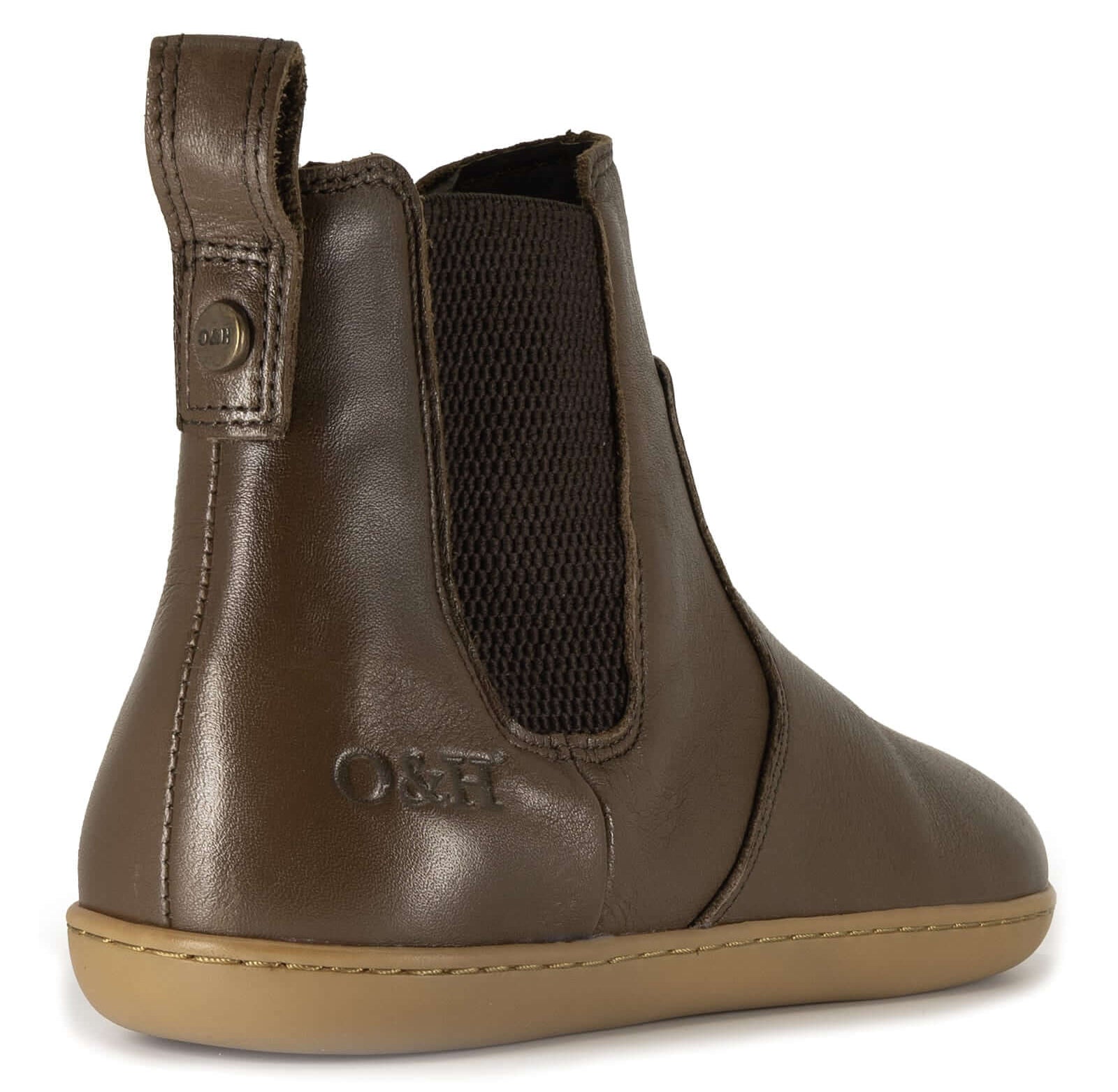 brown barefoot chelsea boot on a white bacground showing O&H branding