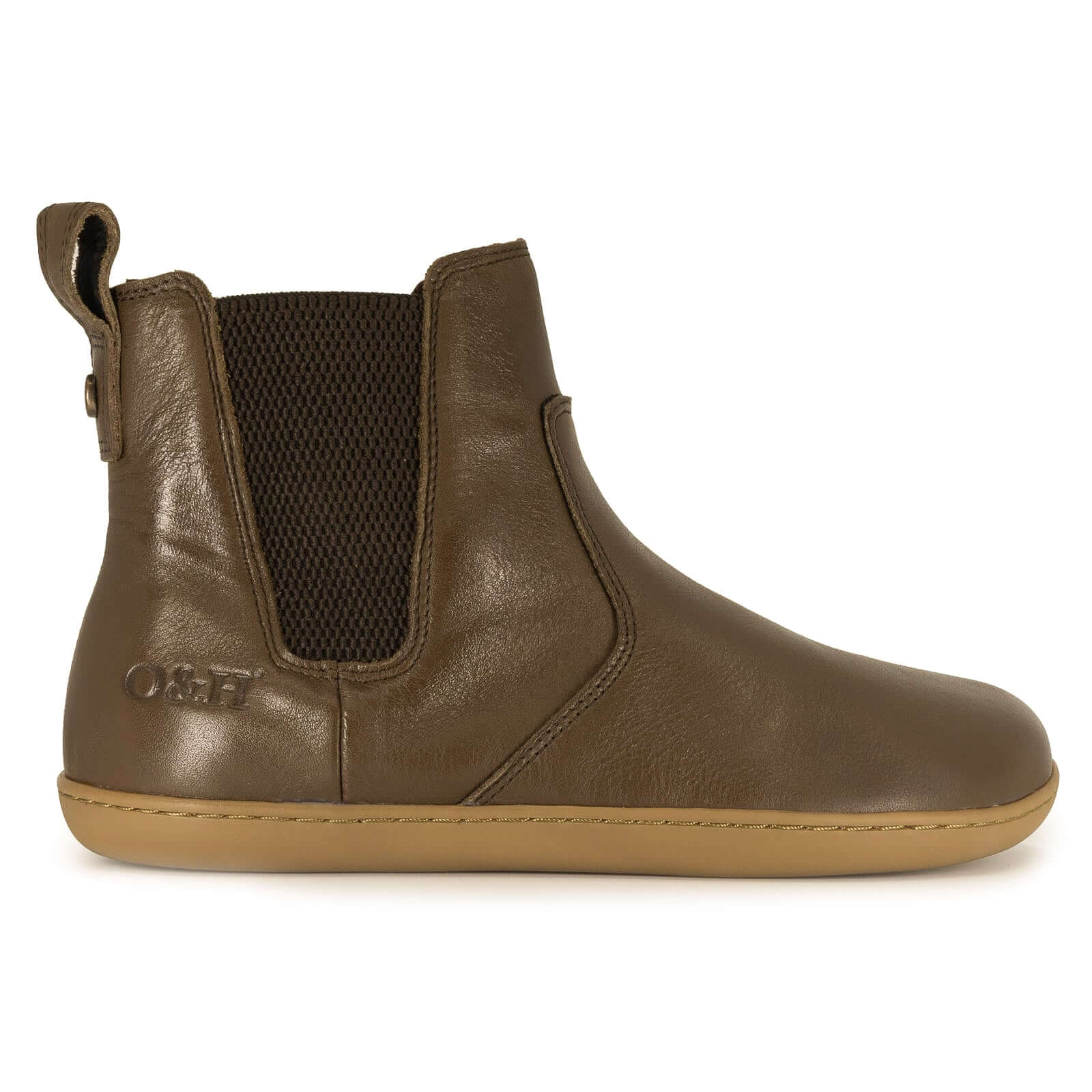 side angle of brown barefoot boot on a white background