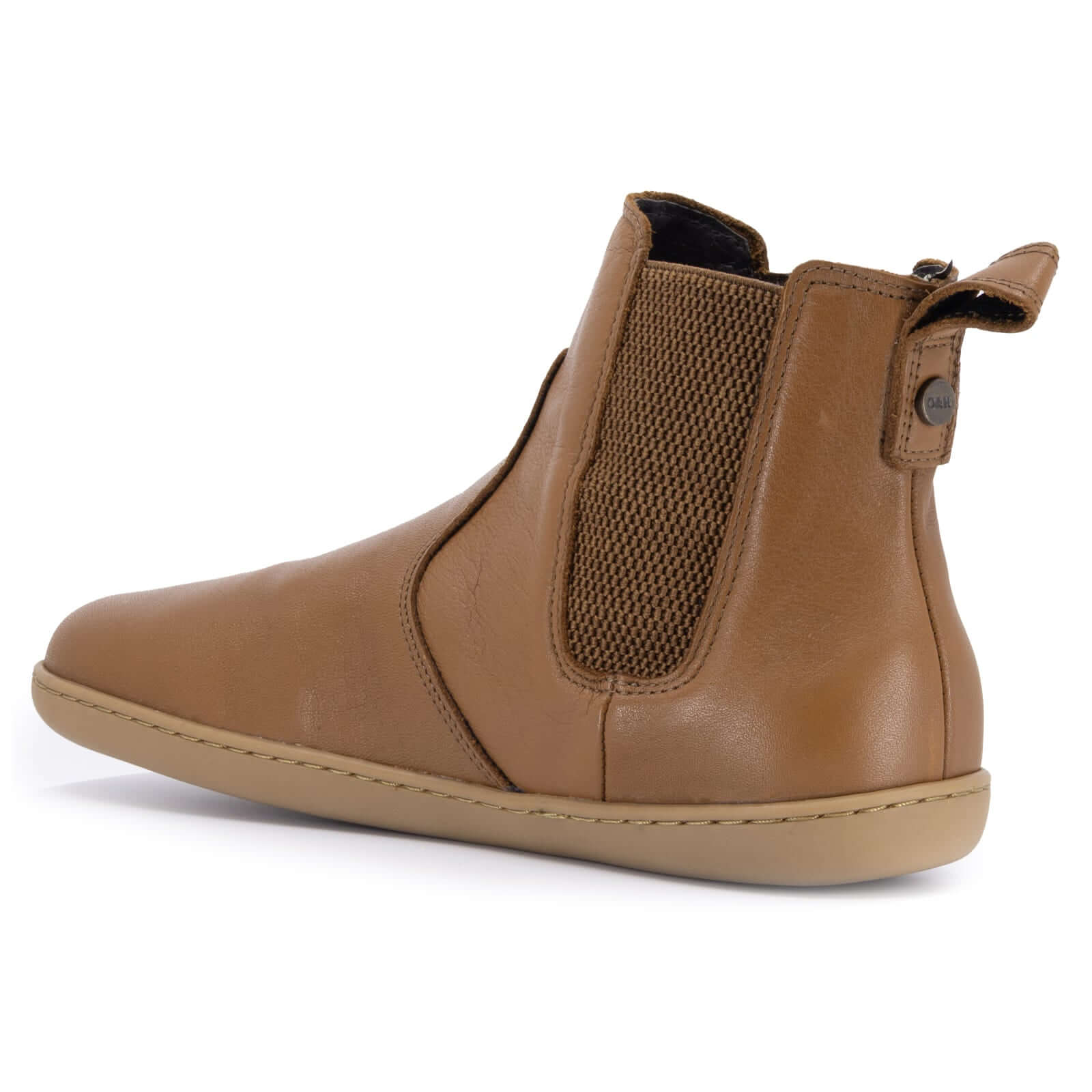 inside angle of tan leather barefoot boots showing gusset and pull tab