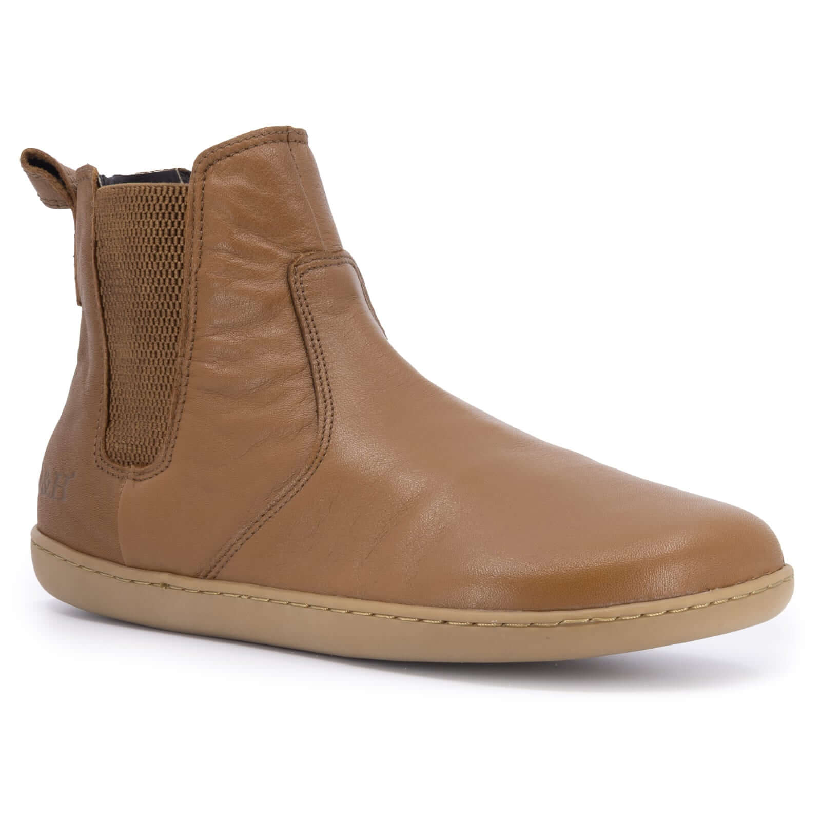 angled image of tan barefoot boots with gum outsole