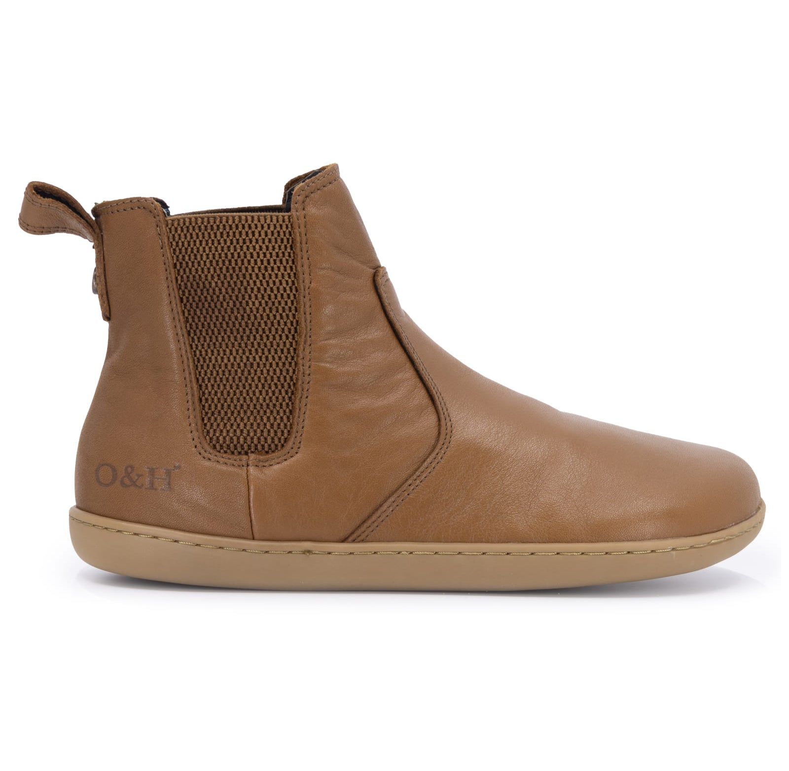 side on image of tan barefoot chelsea boots showing O&H embossed logo on heel