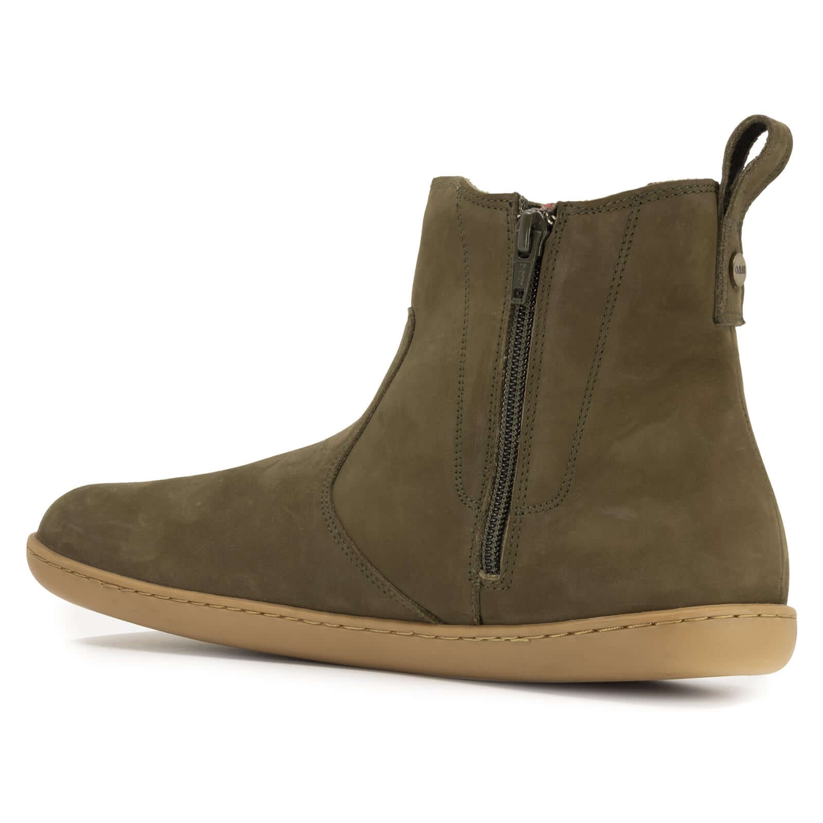 inside angled view of green willow zip barefoot boots showing zip detail