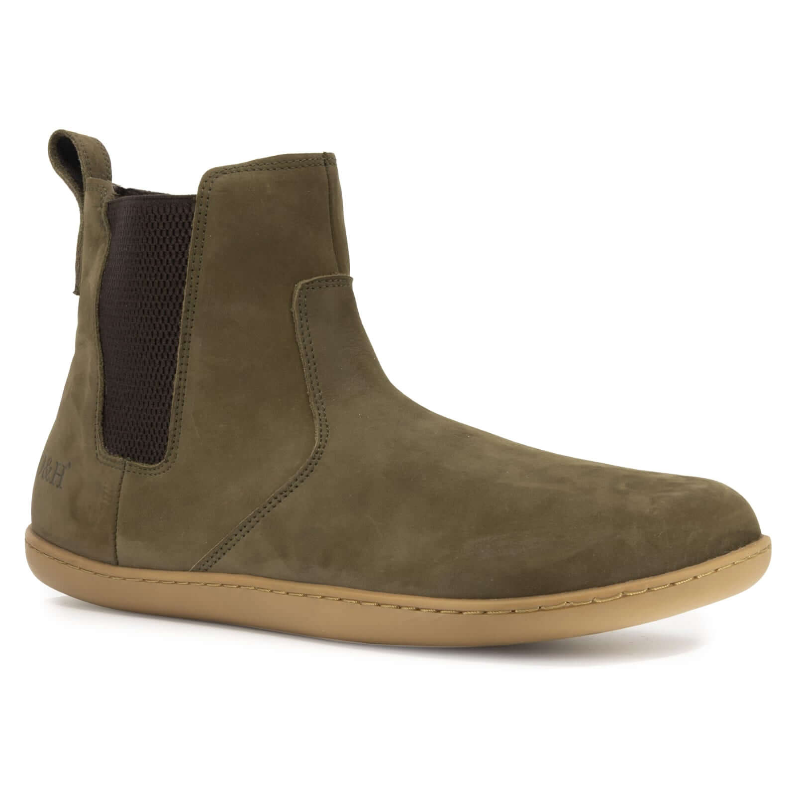 angled side view of green willow zip barefoot Chelsea boots showing elastic side gusset