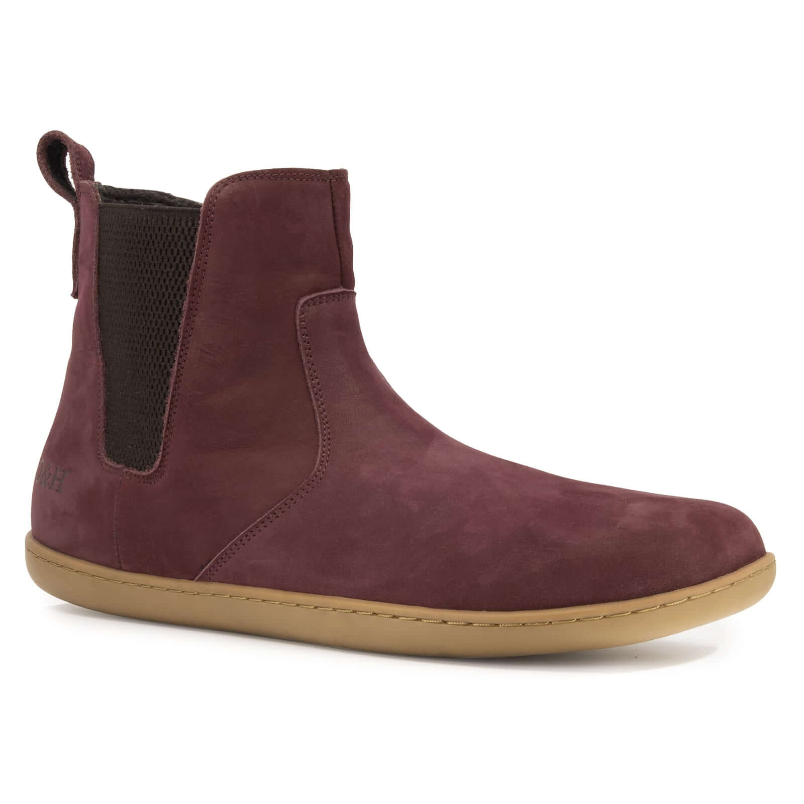 angled side view of willow zip in wine showing elastic side gusset and toe