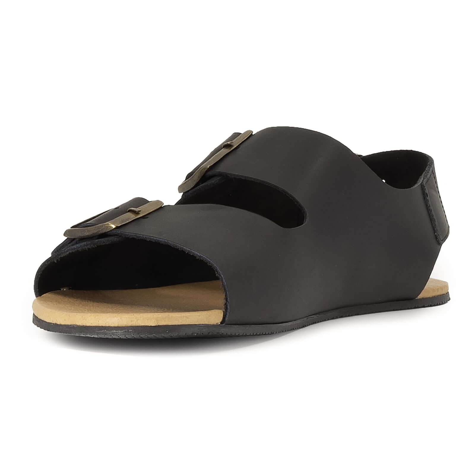 front angle view of black oak & hyde wisteria barefoot sandals highlighting open toe design and barefoot construction