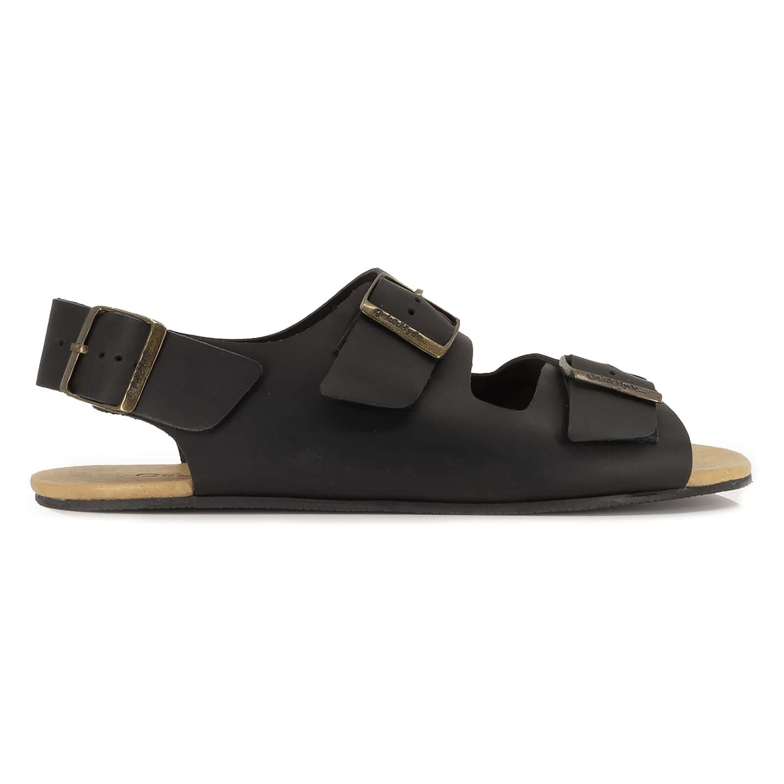 side profile of black oak & hyde wisteria barefoot sandals with triple adjustable straps and zero drop sole