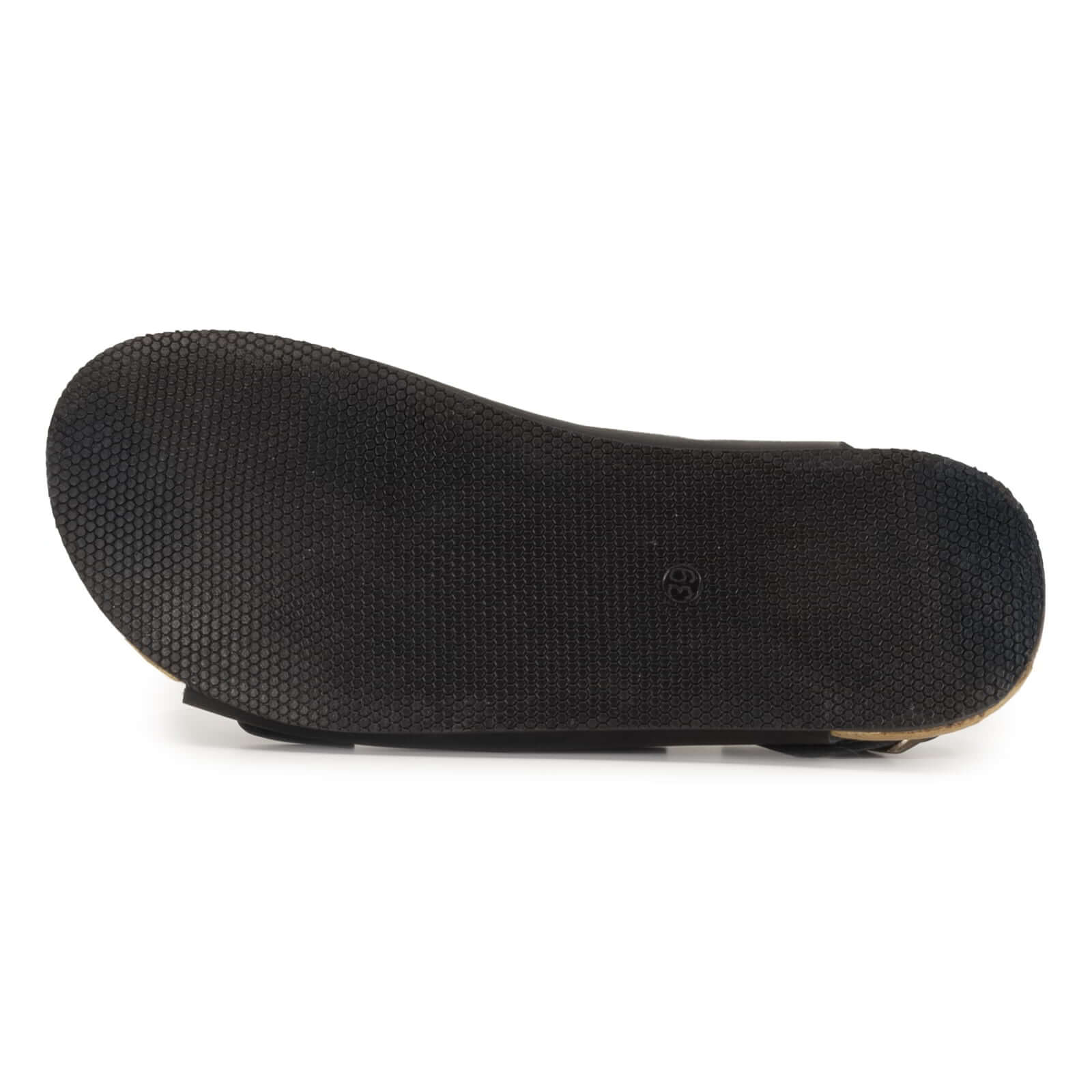 outsole of black oak & hyde wisteria barefoot sandals showing flexible tread and zero drop barefoot sole