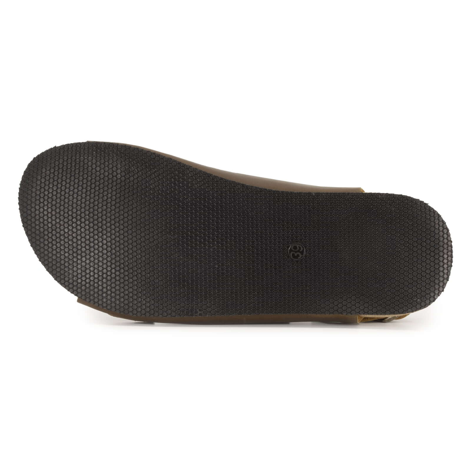 outsole of brown oak & hyde wisteria barefoot sandals showing flexible tread and zero drop barefoot sole