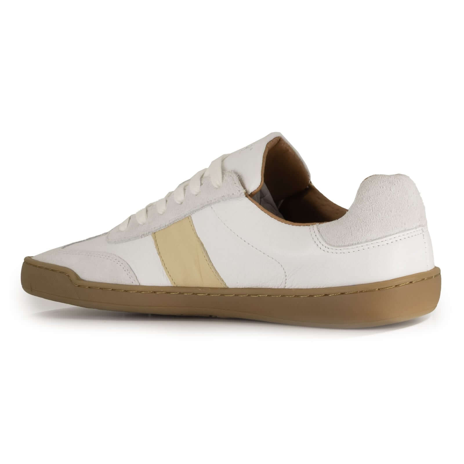 rear view of white barefoot trainer on white background