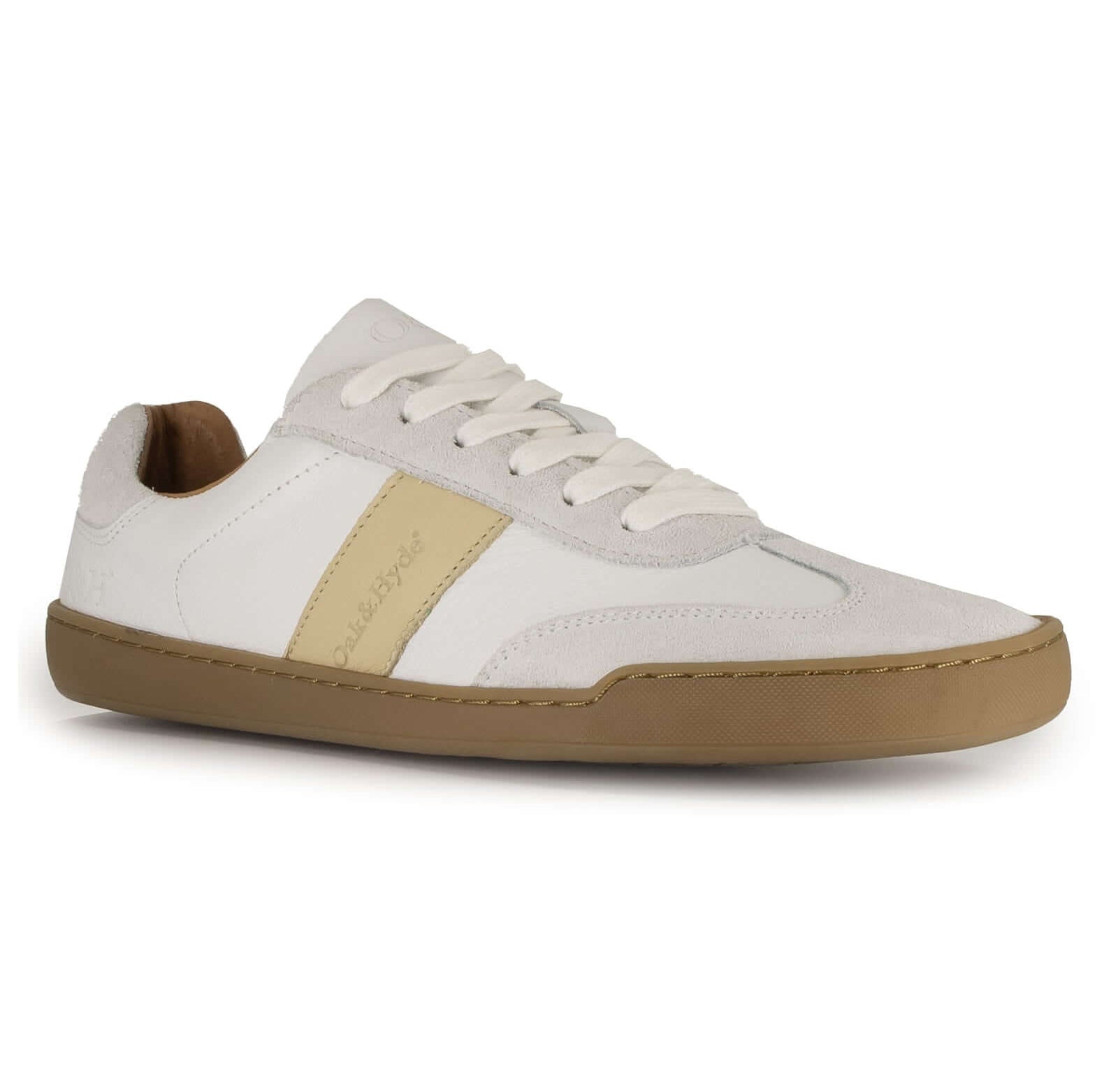 white barefoot trainers showing beige stripe and gum outsole on white background
