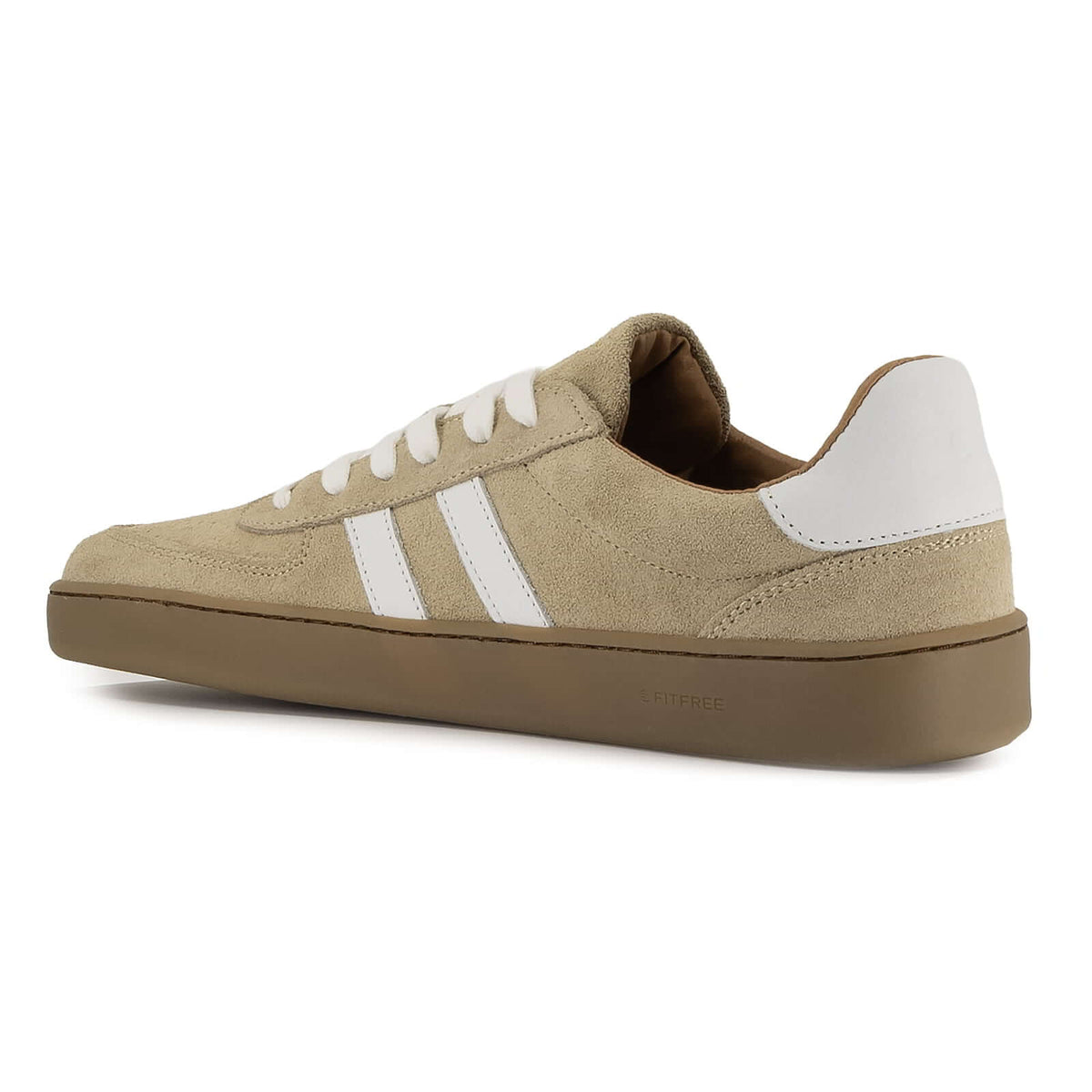 inside angled view of womens larch barefoot trainers in beige showing heel logo detail