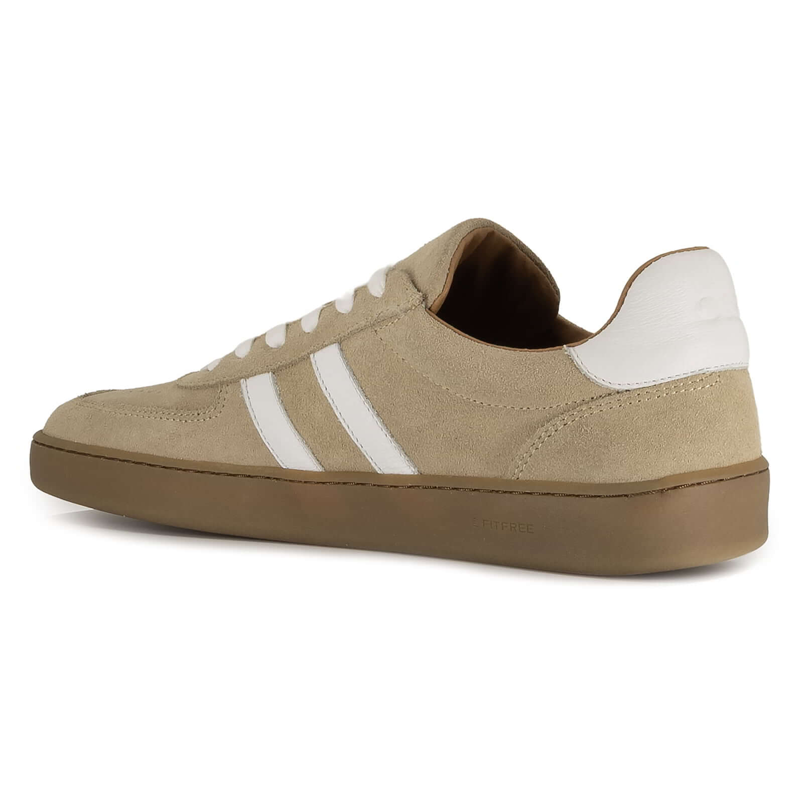 inside angled view of womens larch barefoot trainers in beige showing heel logo detail