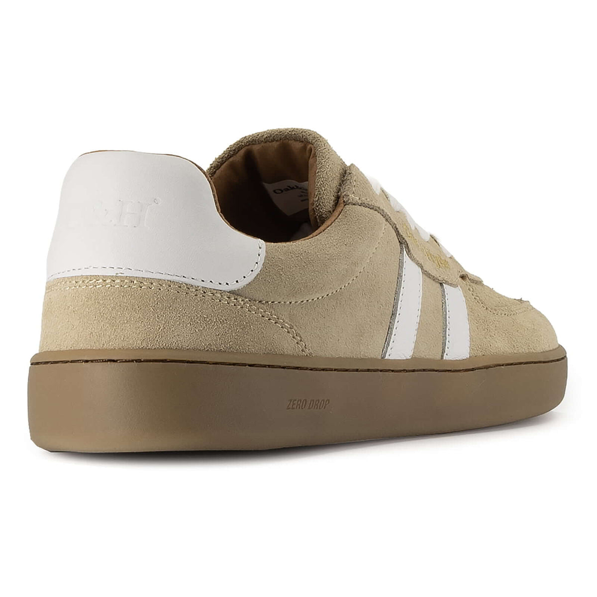 heel view of womens larch barefoot trainers in beige showing white panel detail and logo