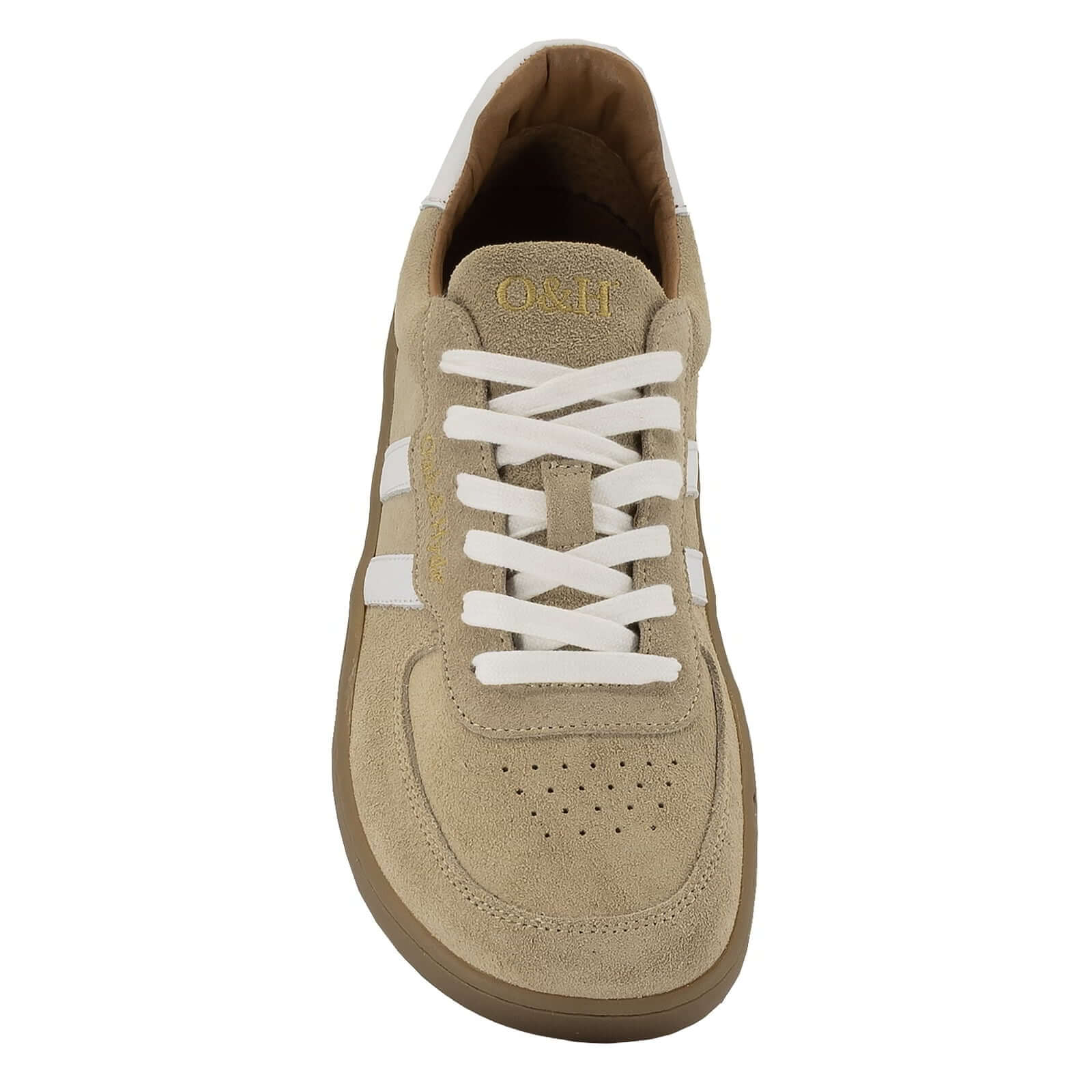 view of the womens larch barefoot trainer in beige white showing the toe box shape