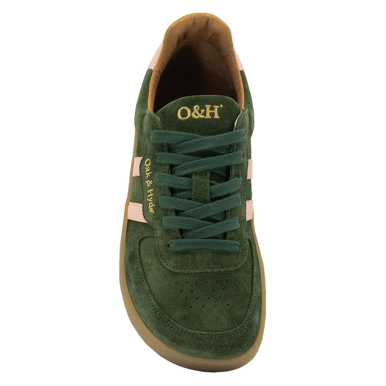 view of the top of the womens larch barefoot trainer in green pink showing the toe box shape