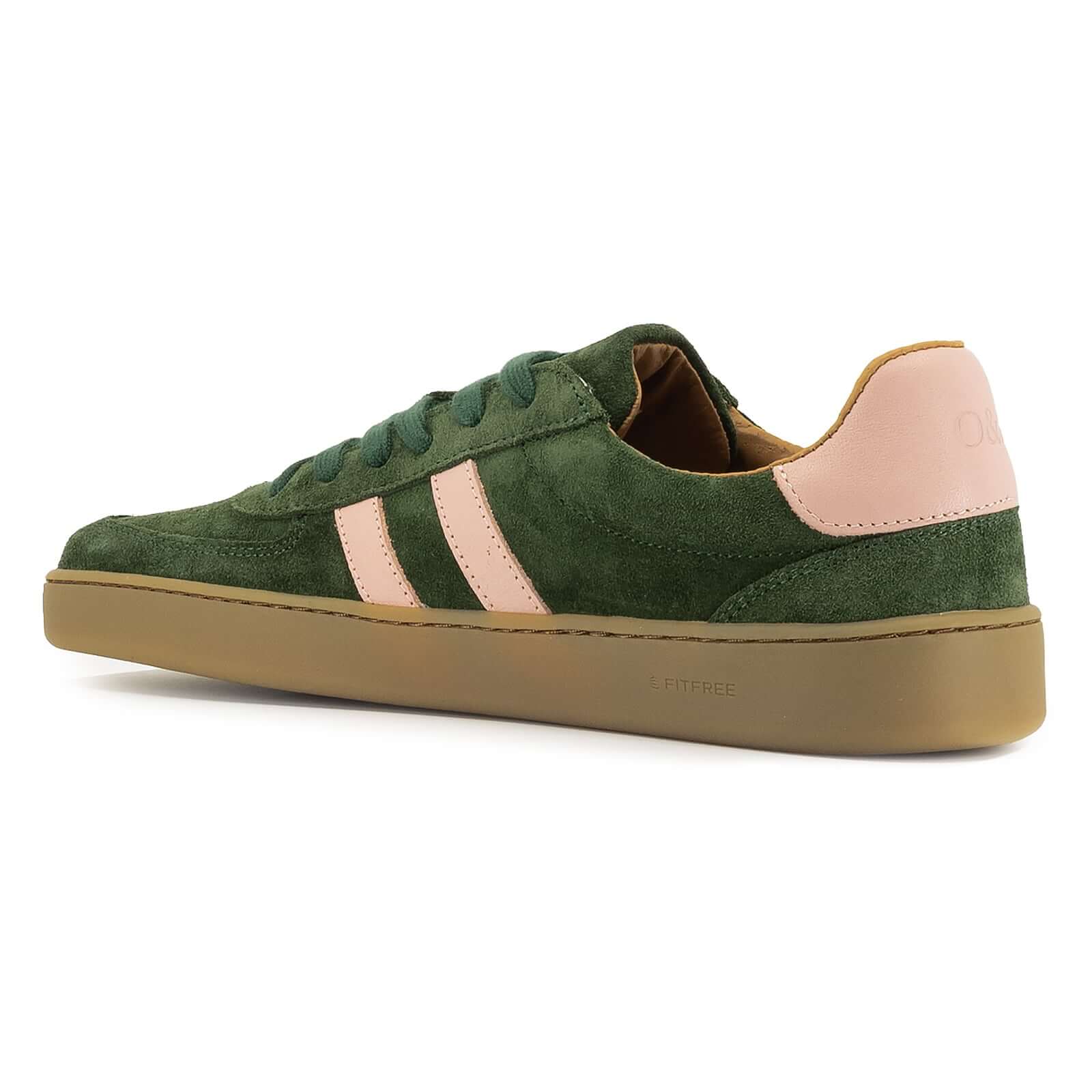 inside angled view of womens larch barefoot trainers in green showing logo on heel