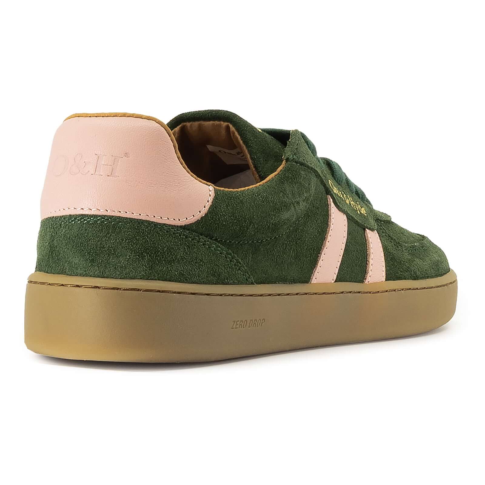 heel view of womens larch barefoot trainers in green showing contrast panel detail
