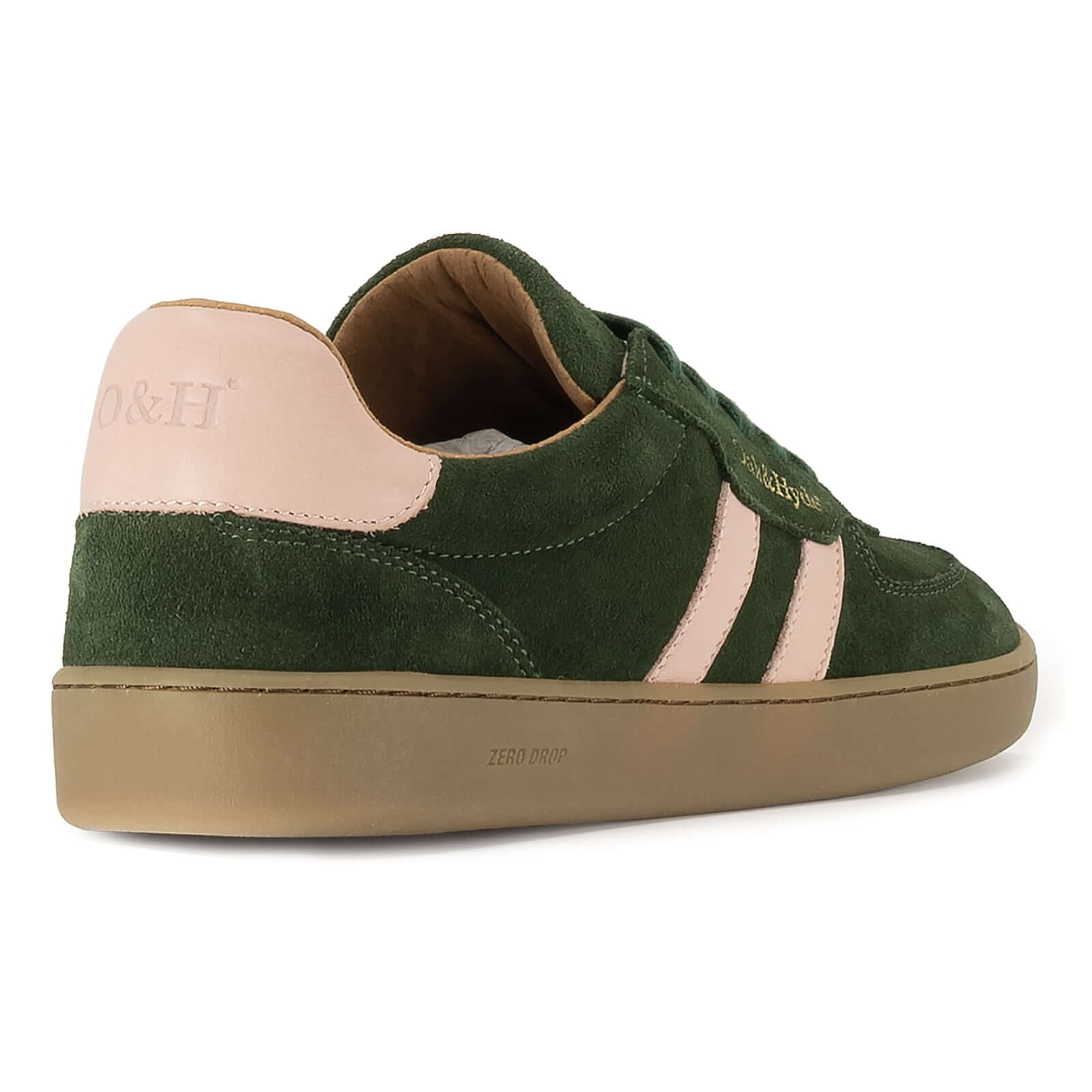 heel view of womens larch barefoot trainers in green showing contrast panel detail