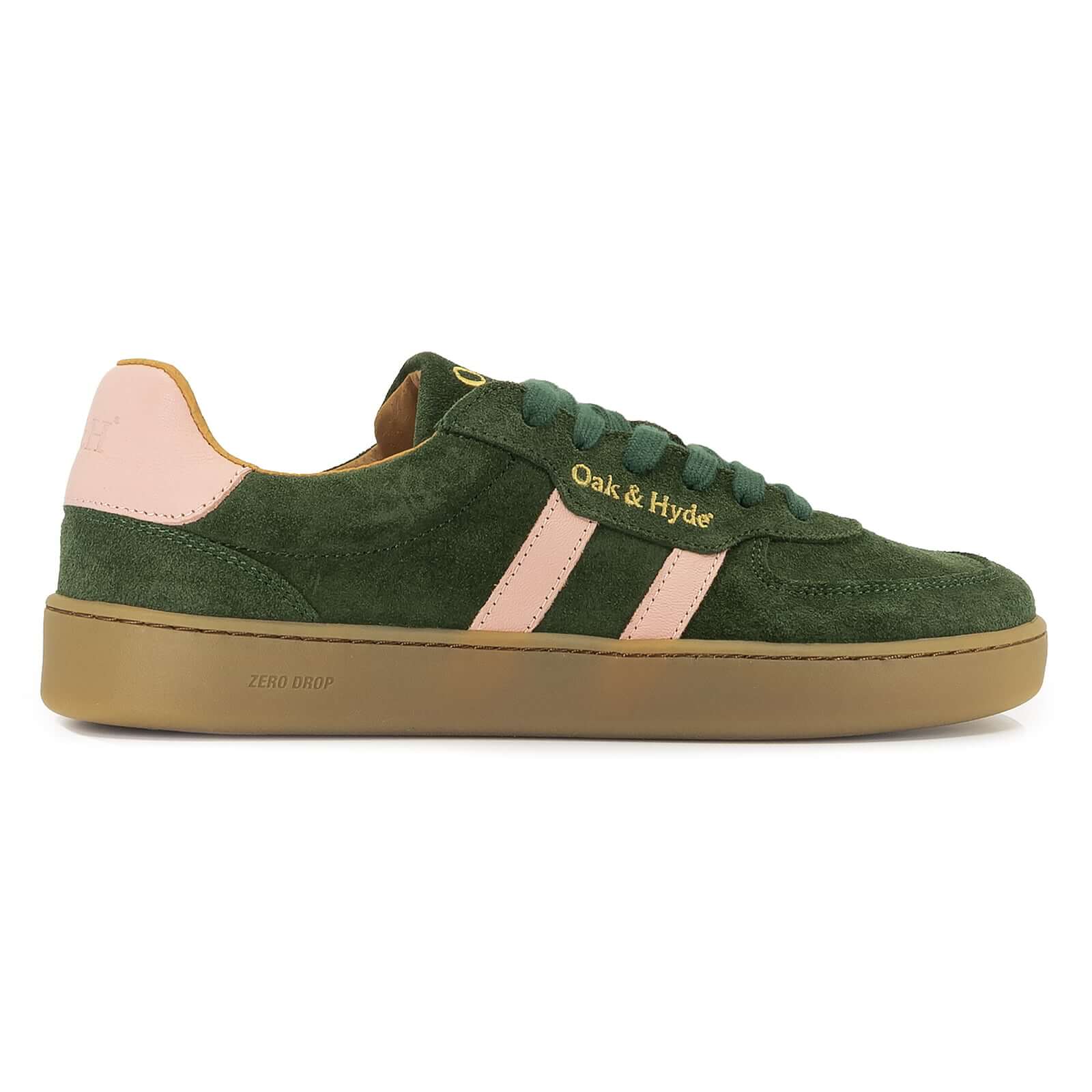 side profile view of womens larch barefoot trainers in green showing suede leather upper
