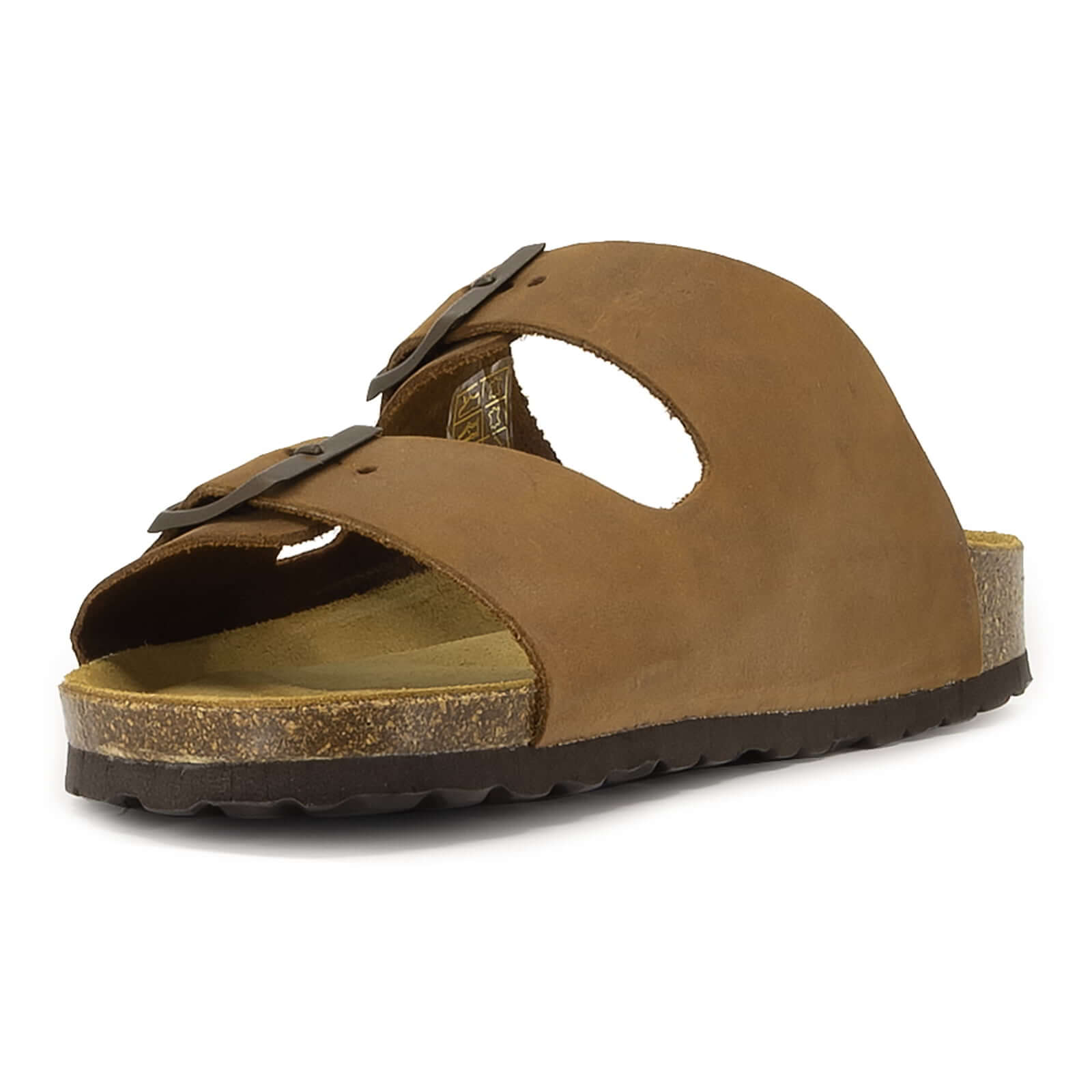 front angle view of tan oak & hyde malaga adjustable sandals highlighting wide leather straps and contoured cork footbed