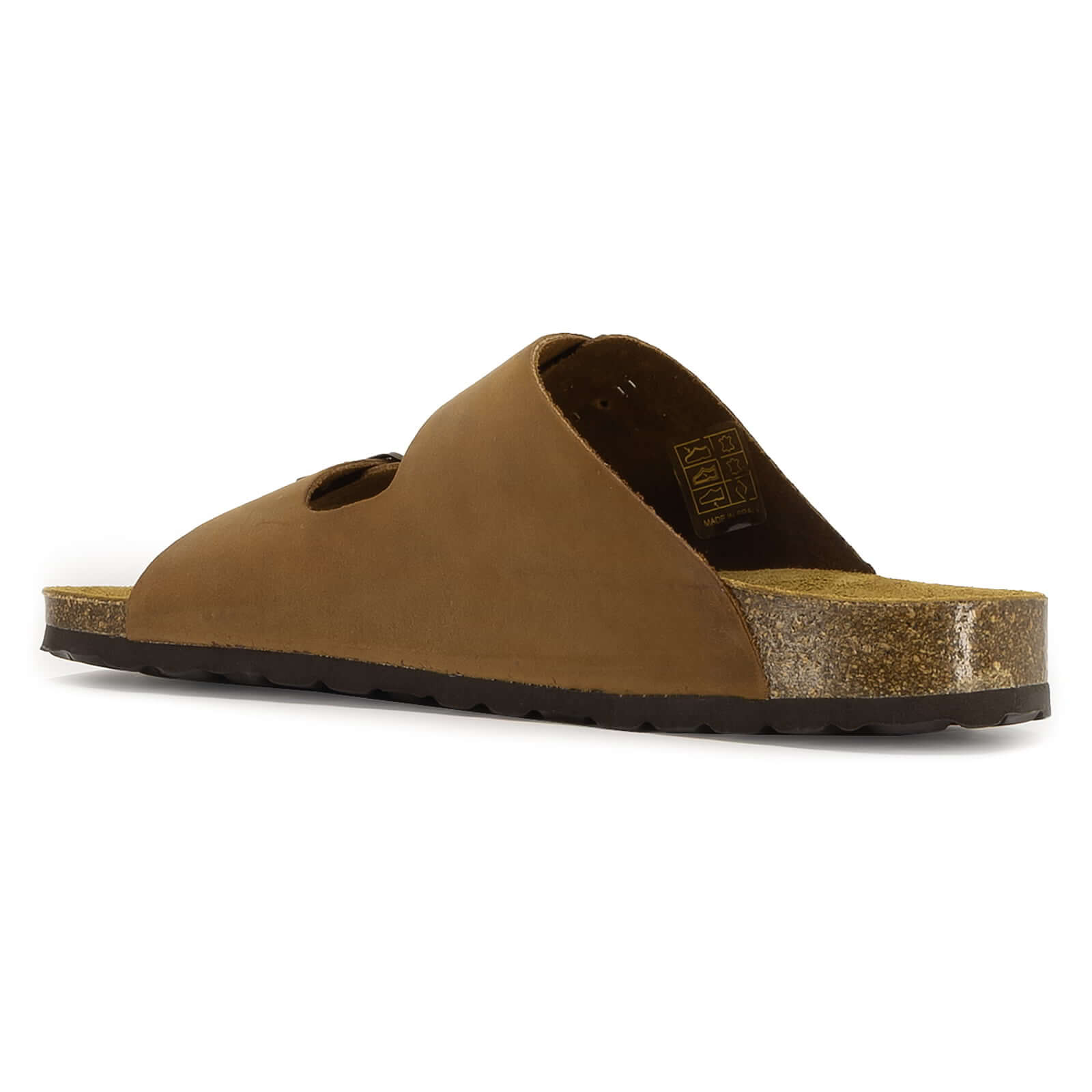 side view of tan oak & hyde malaga adjustable sandals showing leather upper and cork midsole