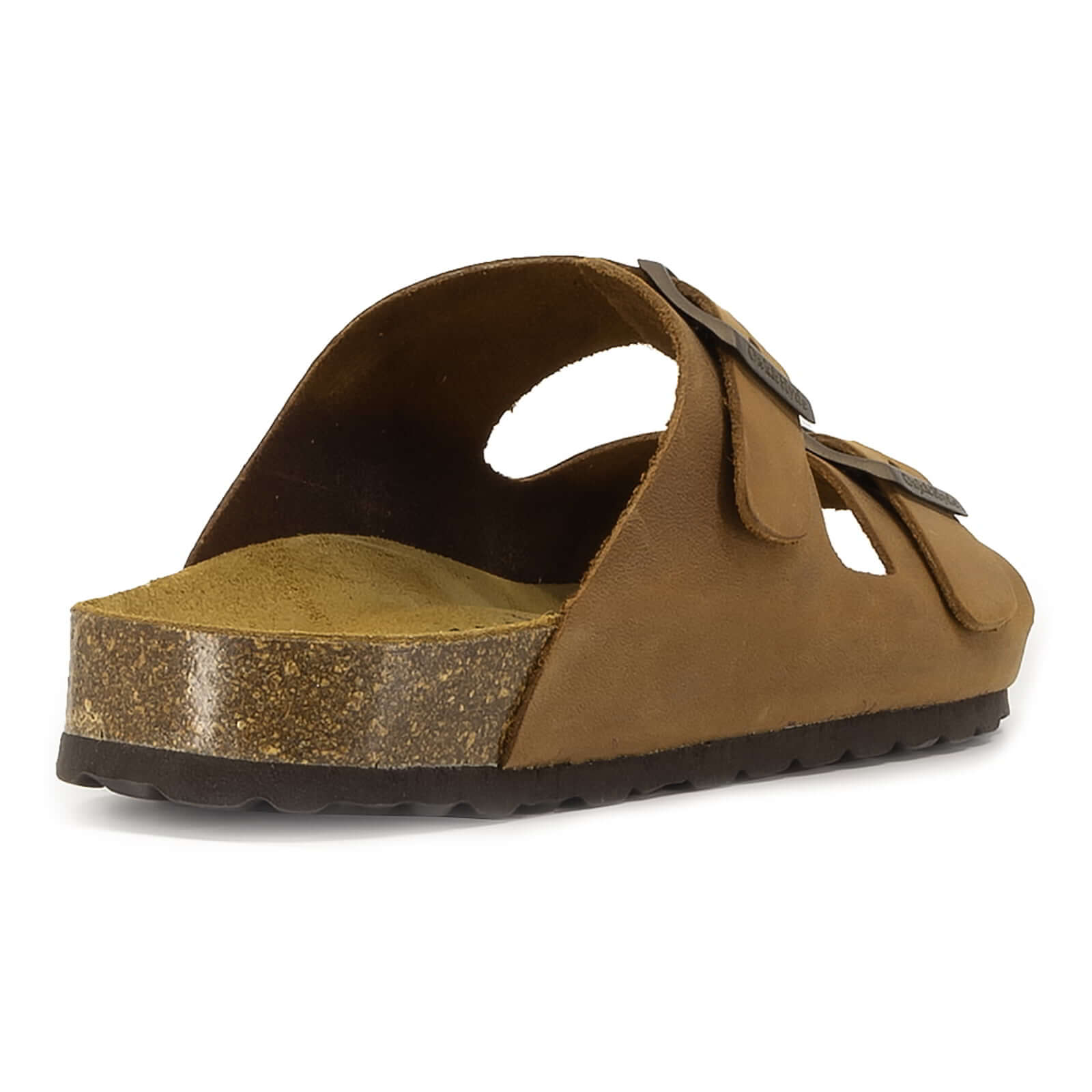rear angle view of tan oak & hyde malaga adjustable sandals showing heel edge and cork sole