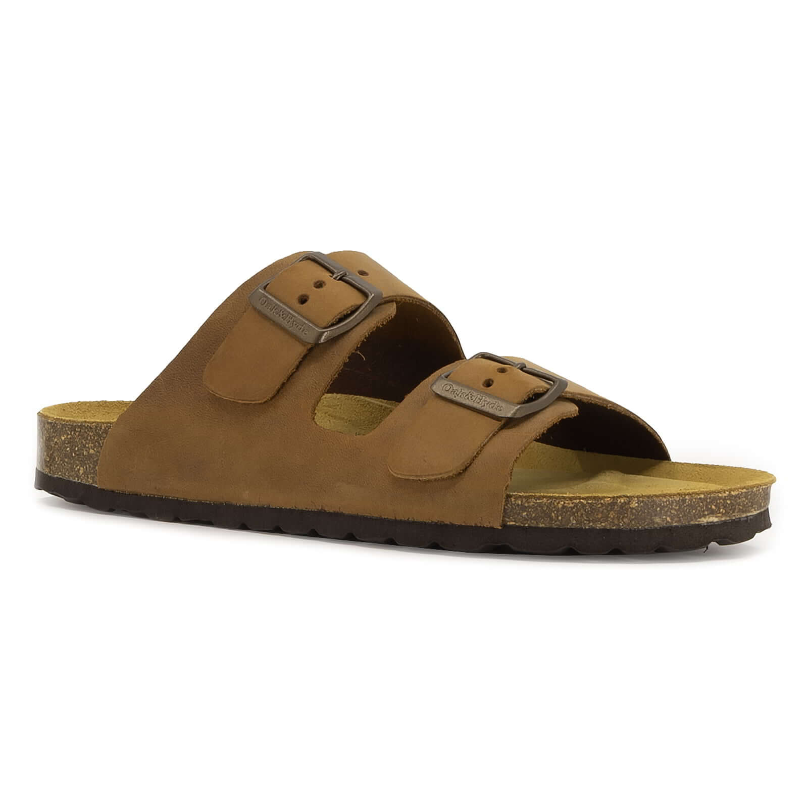 angled front view of tan oak & hyde malaga adjustable sandals showing open toe design and buckle strap closures