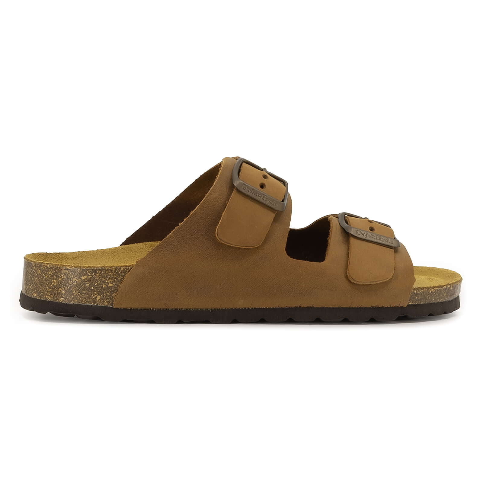 side profile of tan oak & hyde malaga adjustable sandals with double adjustable straps and cork footbed