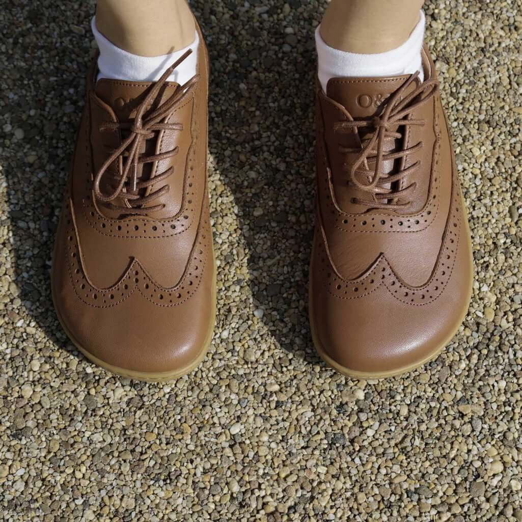 top down view of maple barefoot brogue shoes showing the toe box shape