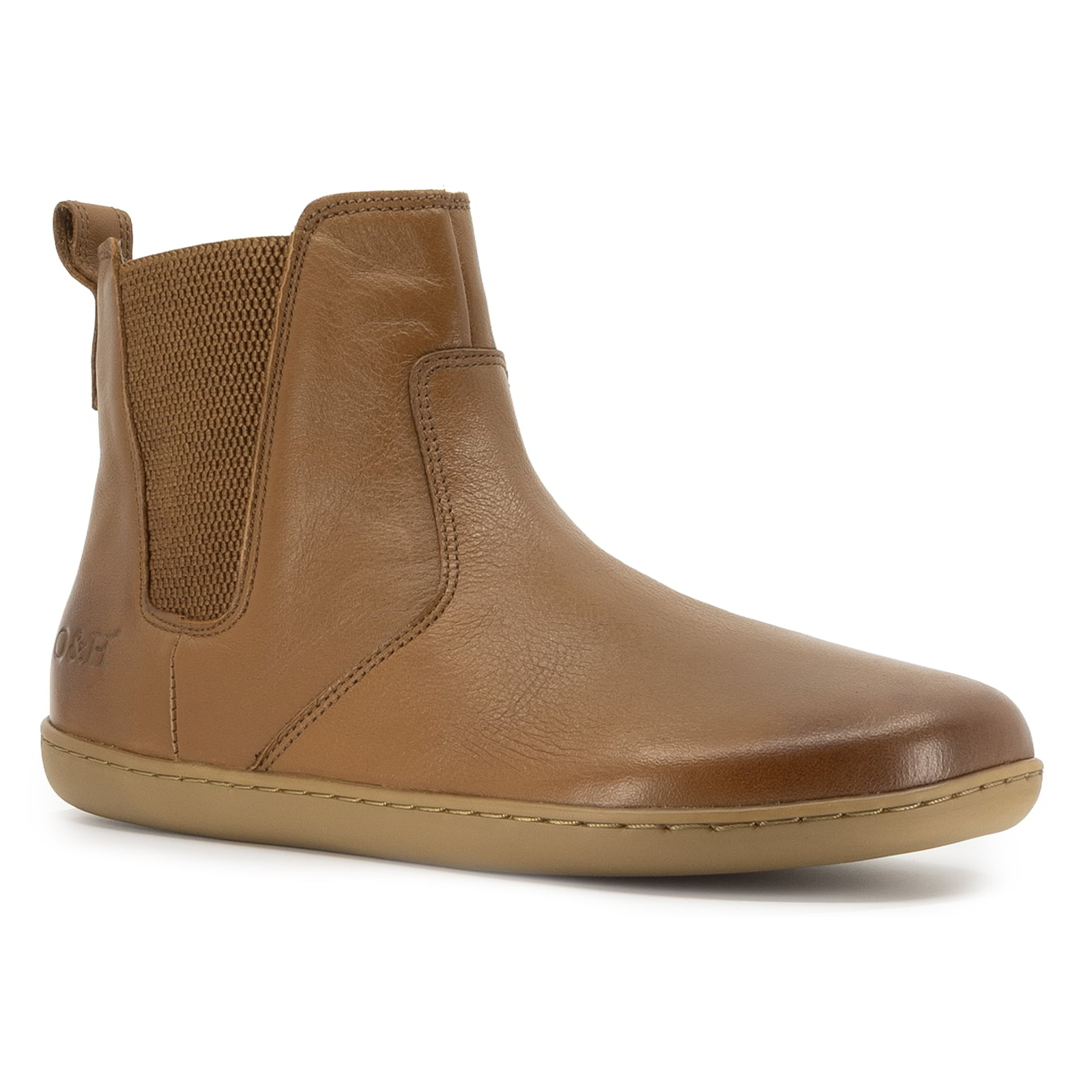 tan oak & hyde willow zip barefoot chelsea boots front angle view